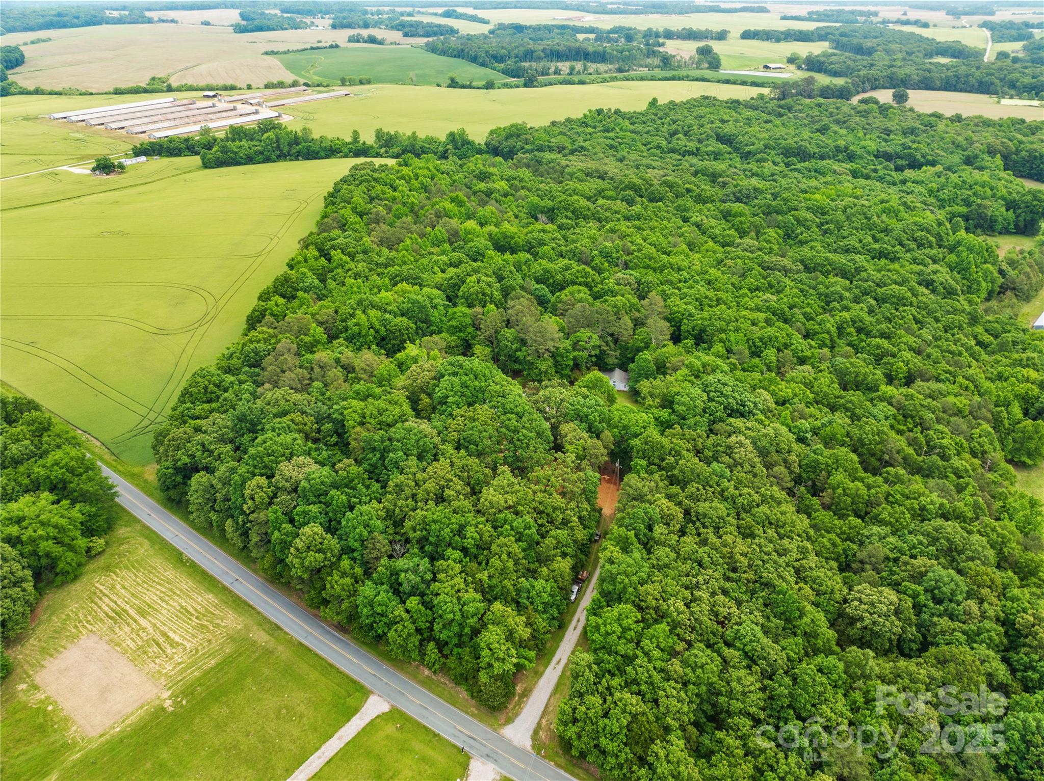 Aerial view of wooded acreage with open fields, a roadside, and a small house among the trees.