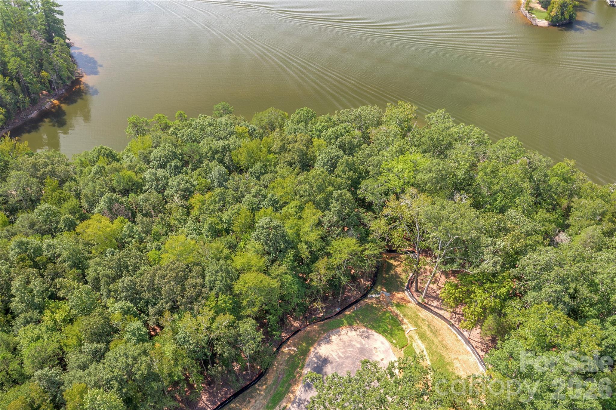Aerial view of a wooded lakeside property with a small clearing beside the shoreline.
