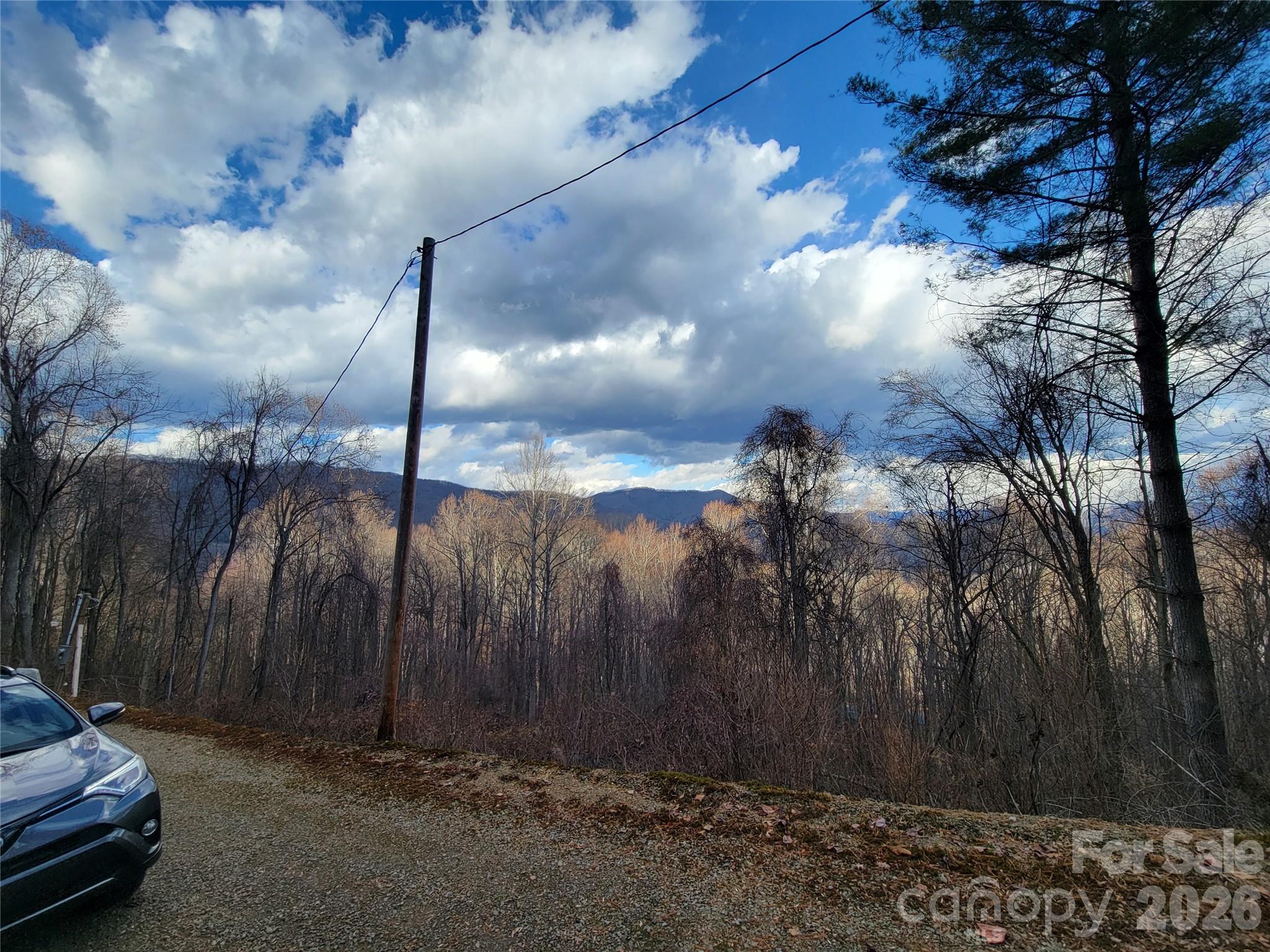 Wooded mountain view from a gravel roadside, with a utility pole and distant ridge.