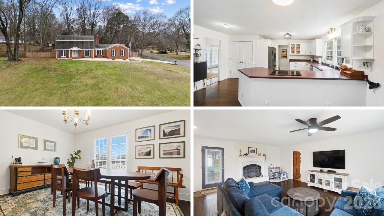 Brick ranch home with a broad lawn, bright kitchen, furnished dining room, and living room with a blue sectional.