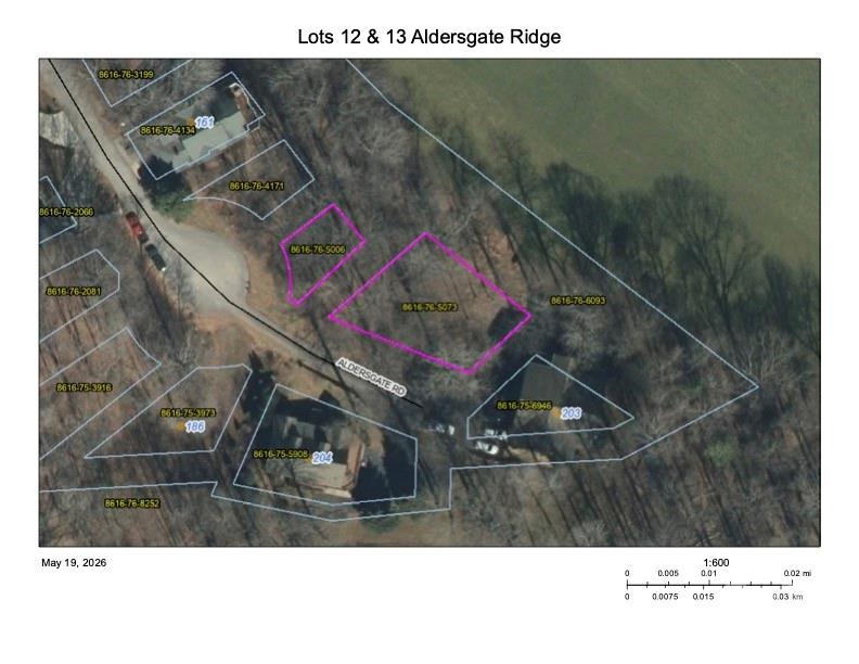 Parcel map highlighting Lots 12 and 13 along Aldersgate Road in magenta.