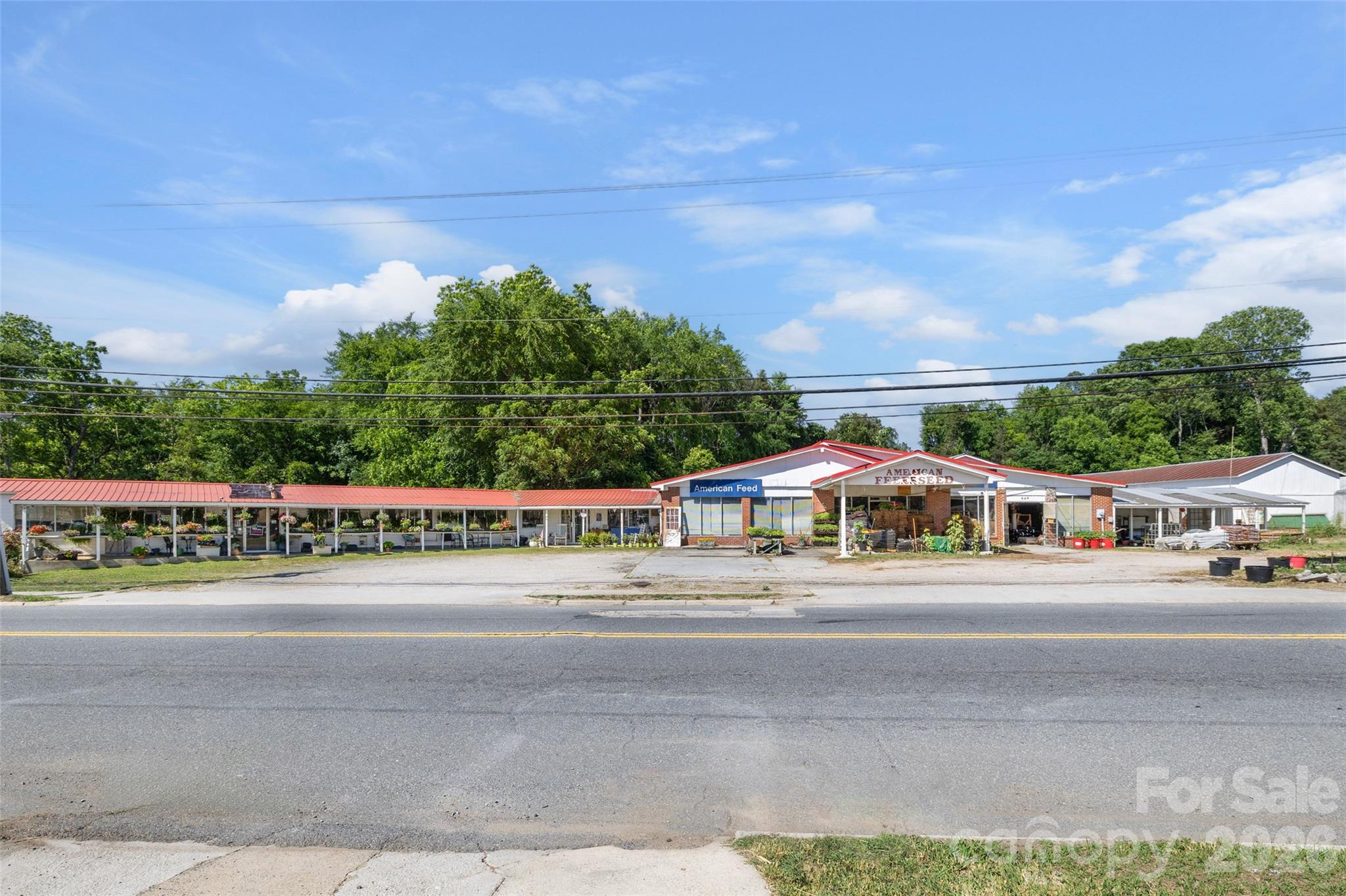 Commercial feed and garden store with red roofs, covered plant displays, and American Feed signage.