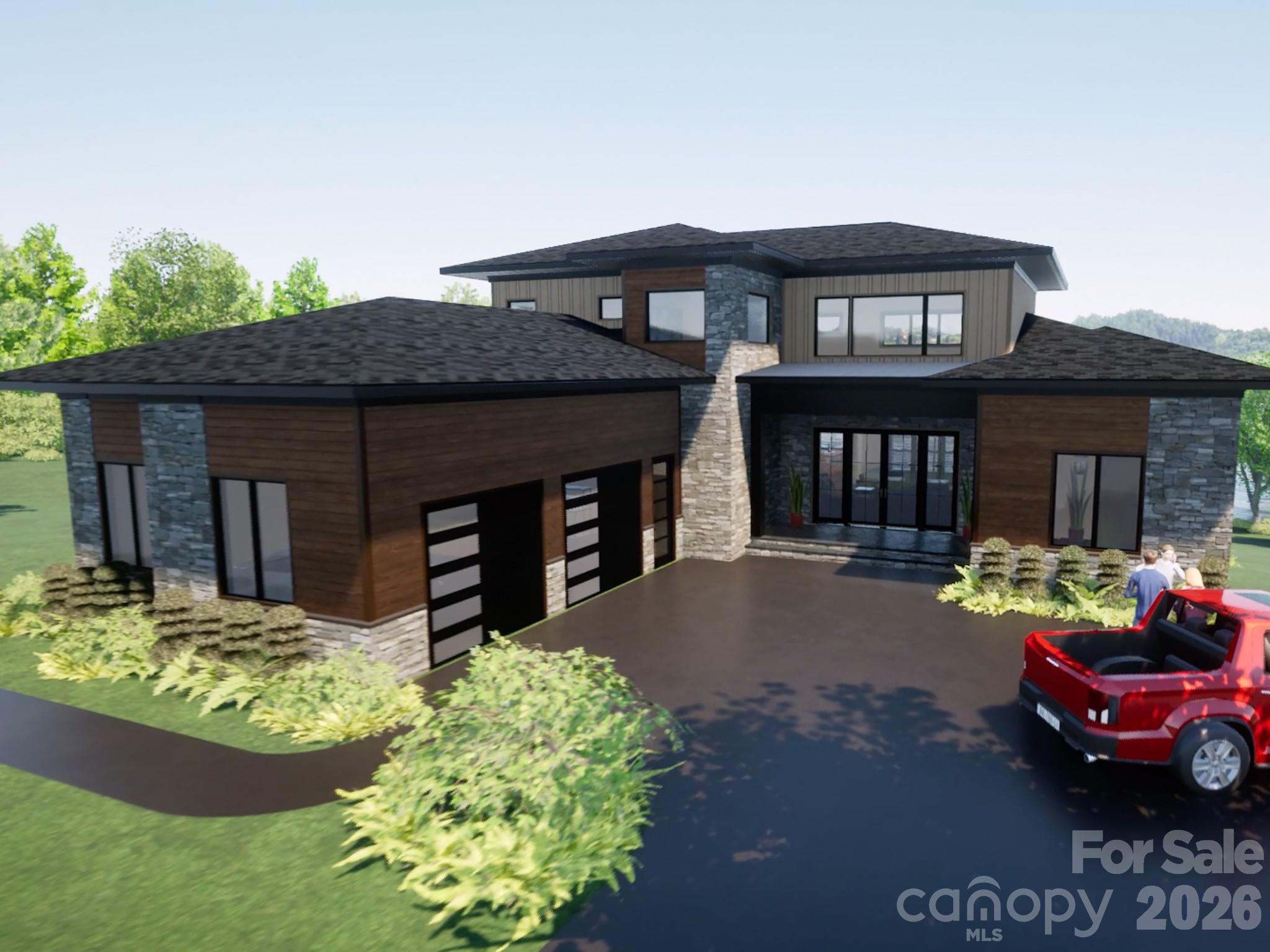 Contemporary two-story house with stone and wood exterior, landscaped yard, and red pickup in the driveway.