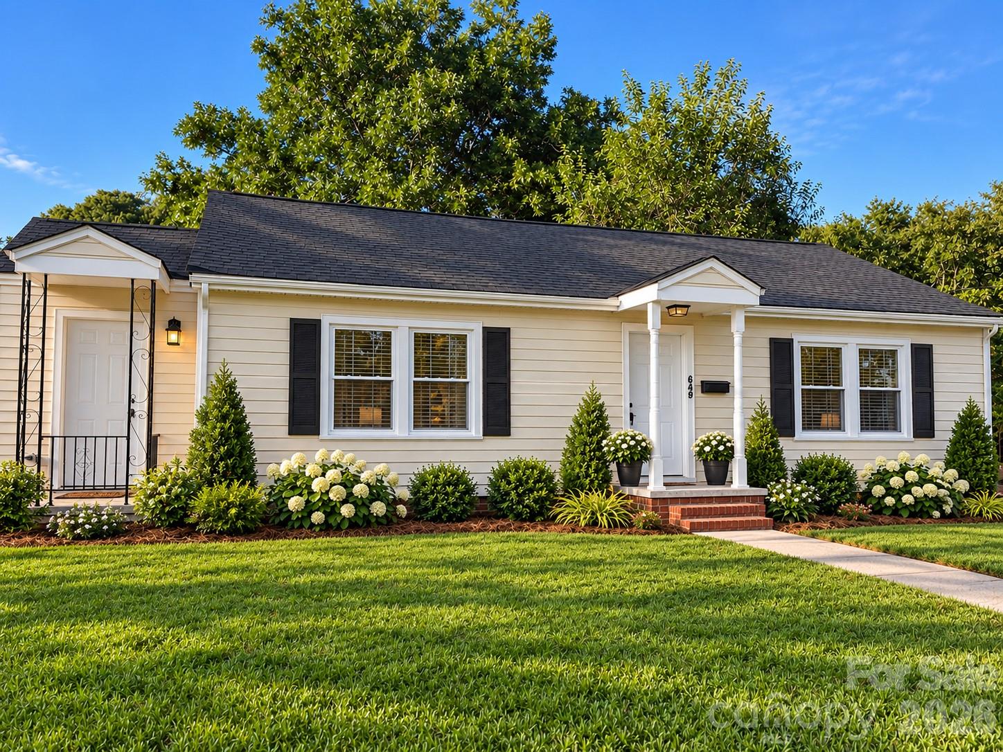 Single-story cream house with black shutters, white porch, flower beds, and a broad green lawn.
