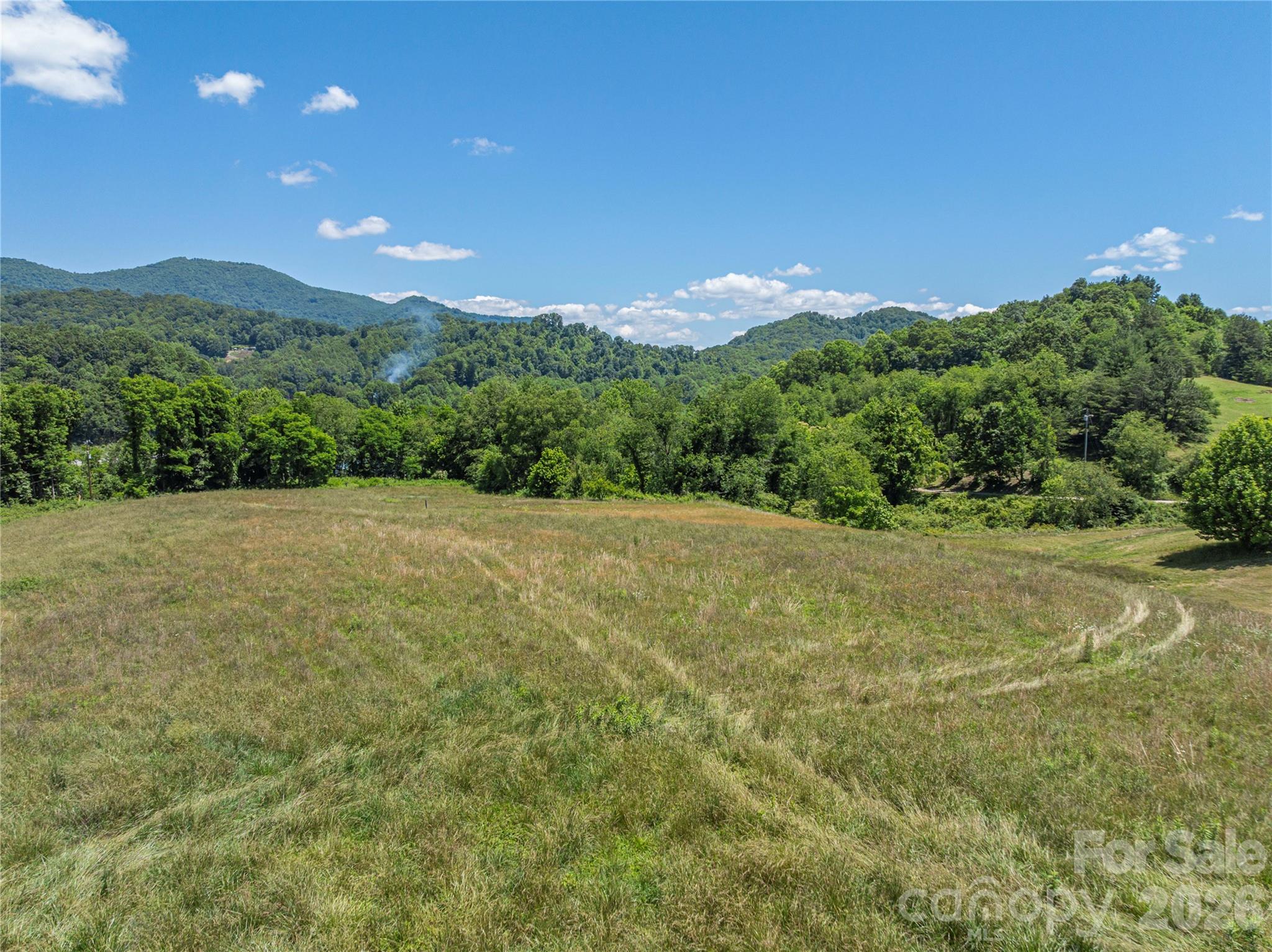Grassy field with wooded mountain ridges in the distance.