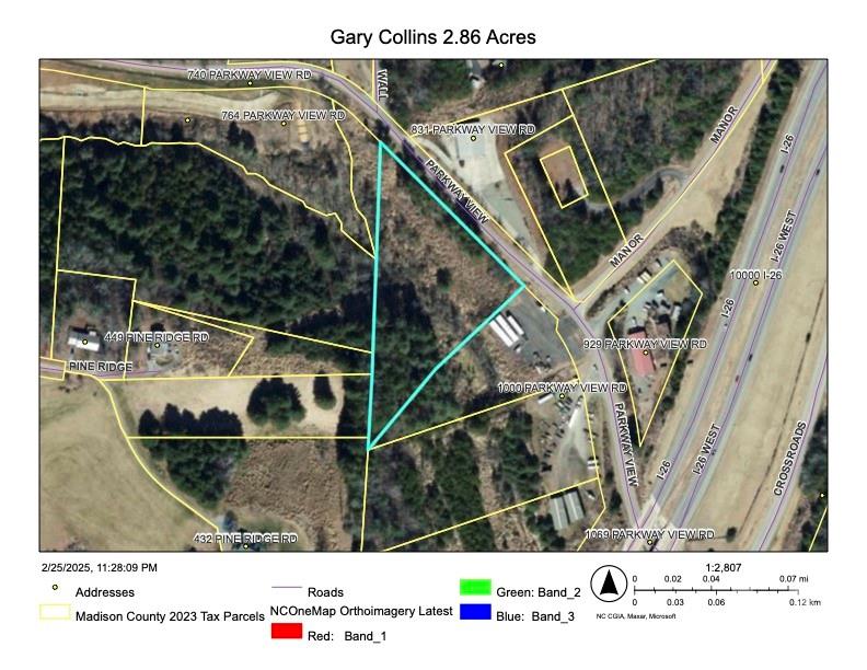 Aerial parcel map showing Gary Collins’s 2.86-acre property outlined in cyan beside Parkway View Road.