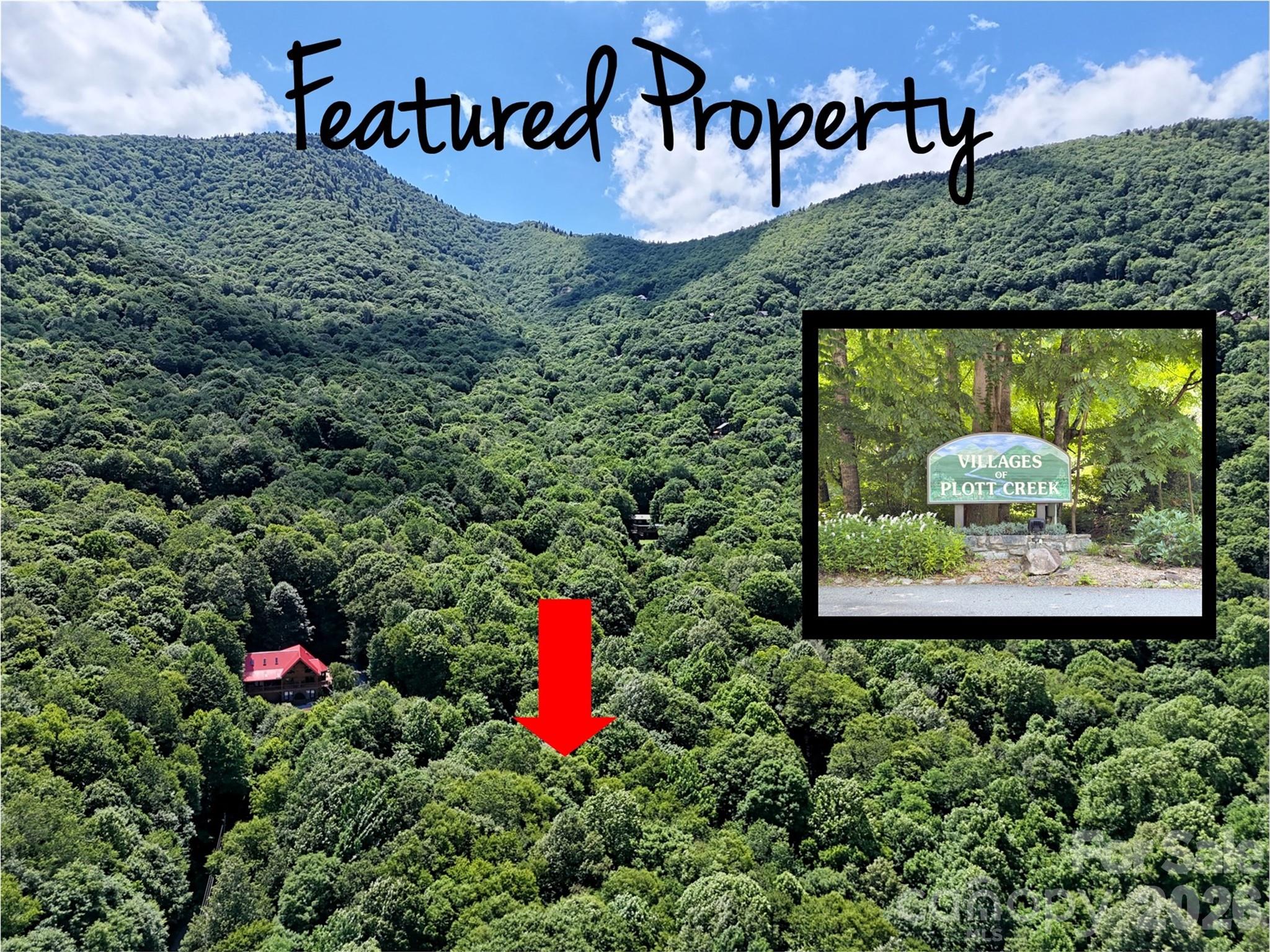 Featured property graphic pointing to a wooded mountain lot, with an inset Villages of Plott Creek entrance sign.