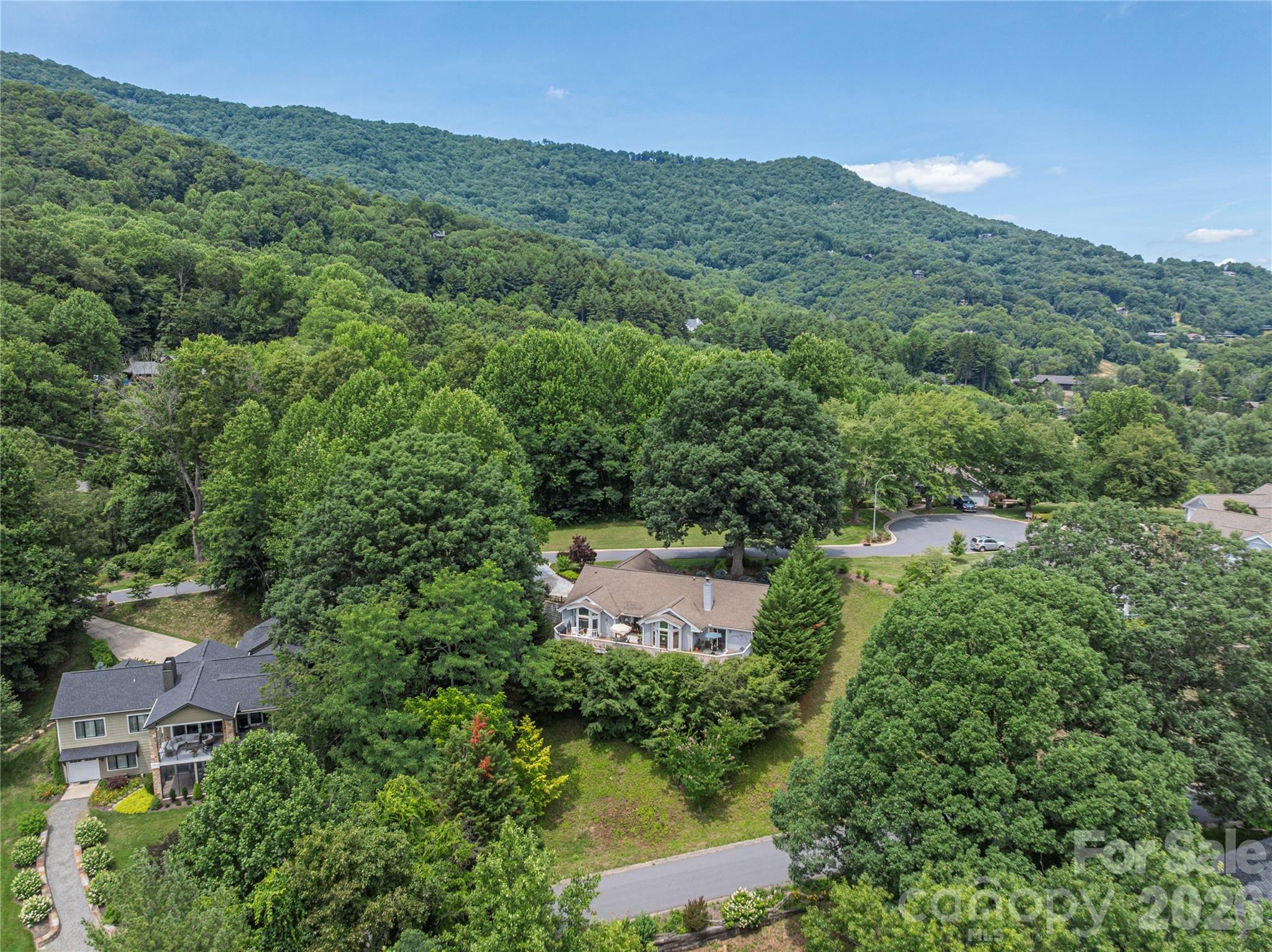 Aerial view of a home among mature trees, with a wooded mountain ridge behind it.