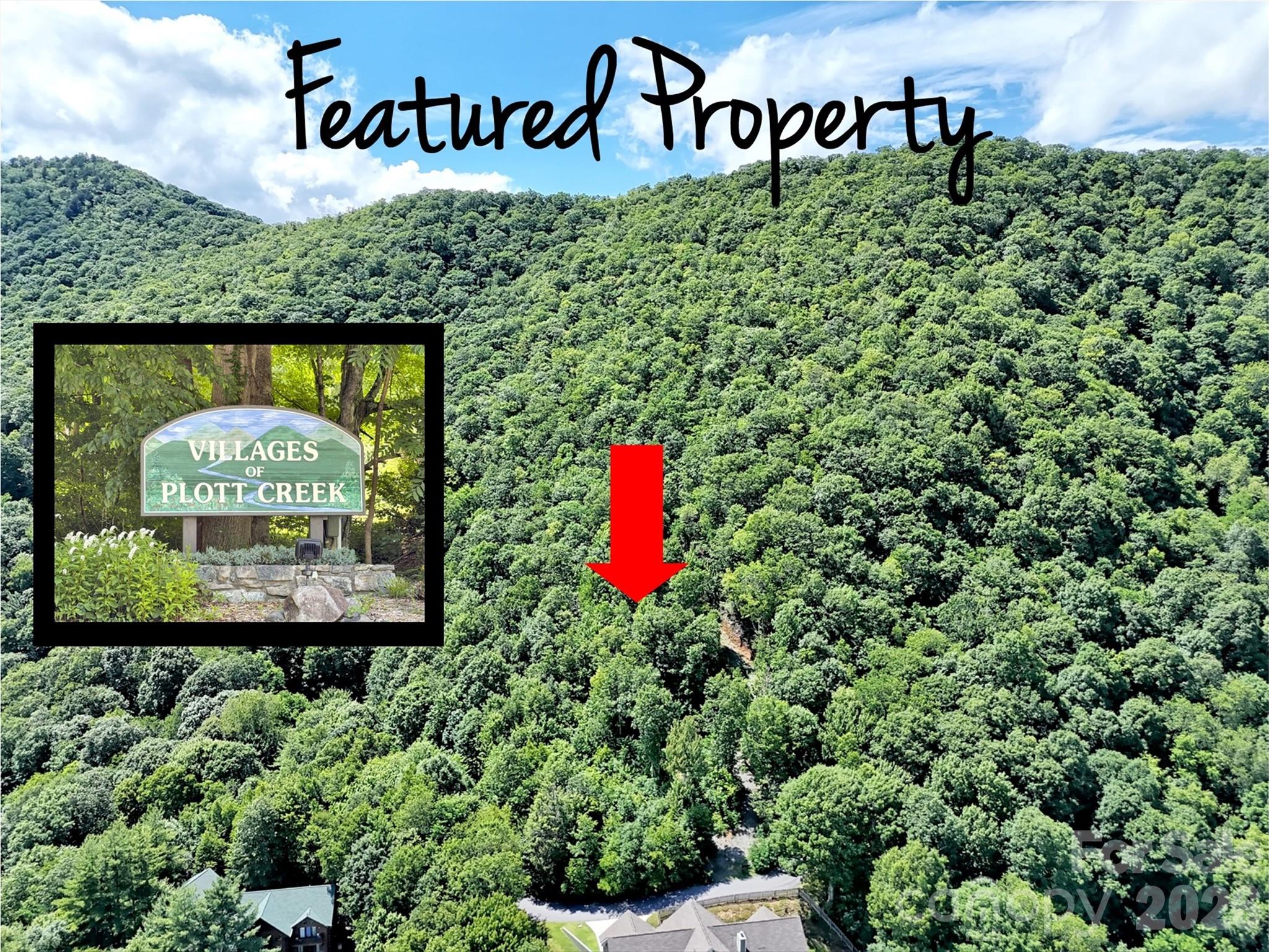 Featured property aerial showing a wooded hillside, lot marker, and Villages of Plott Creek sign.