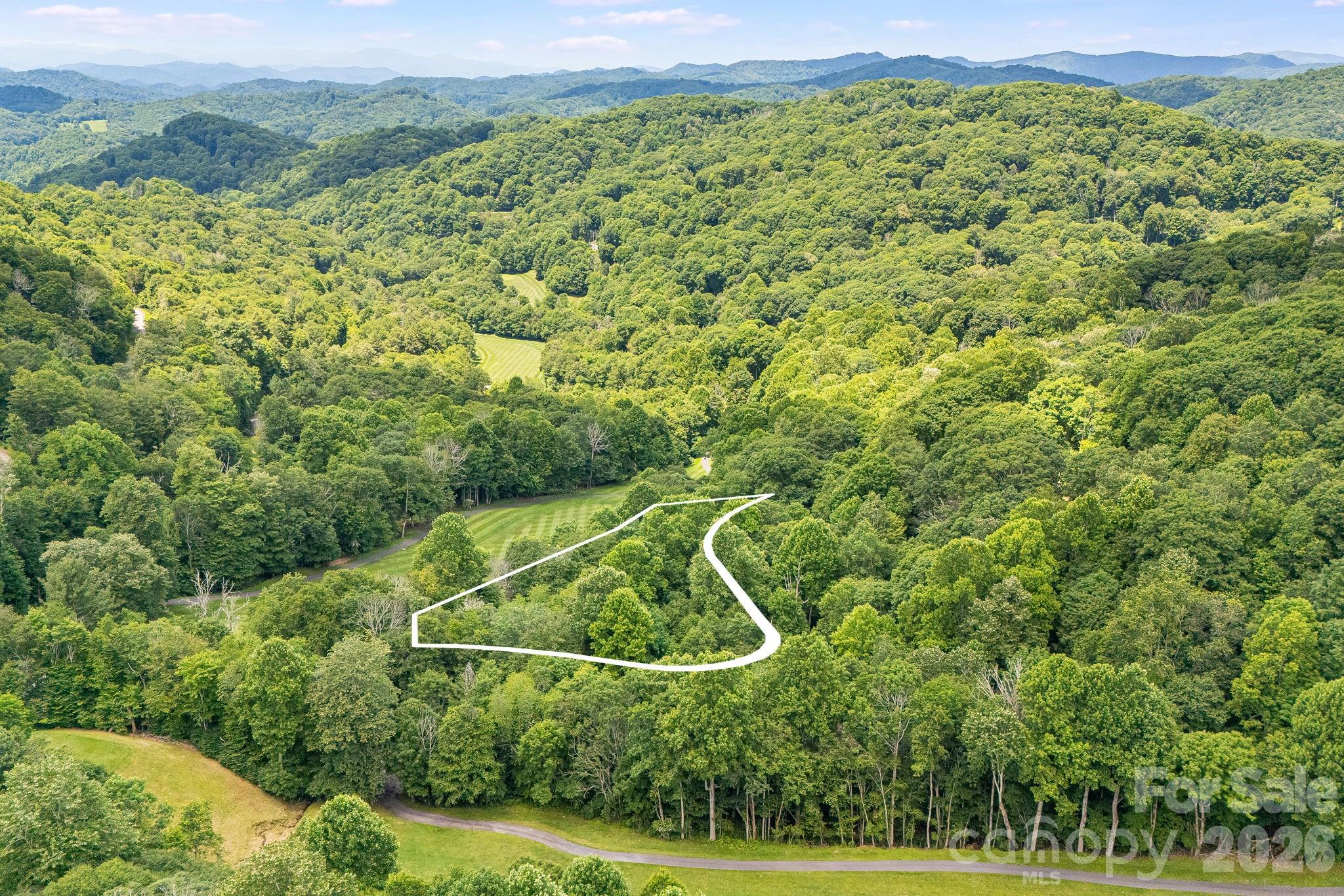 Aerial view of a forested parcel outlined in white, with mountain ridges in the distance.