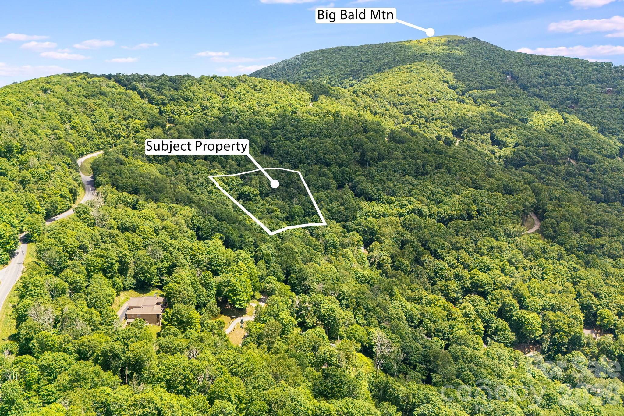 Aerial view of a wooded parcel outlined in forest, with Big Bald Mtn labeled on the distant ridge.