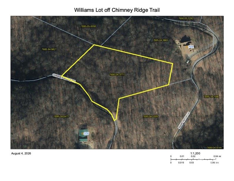 Aerial parcel map outlining a wooded lot along Chimney Ridge Trail.