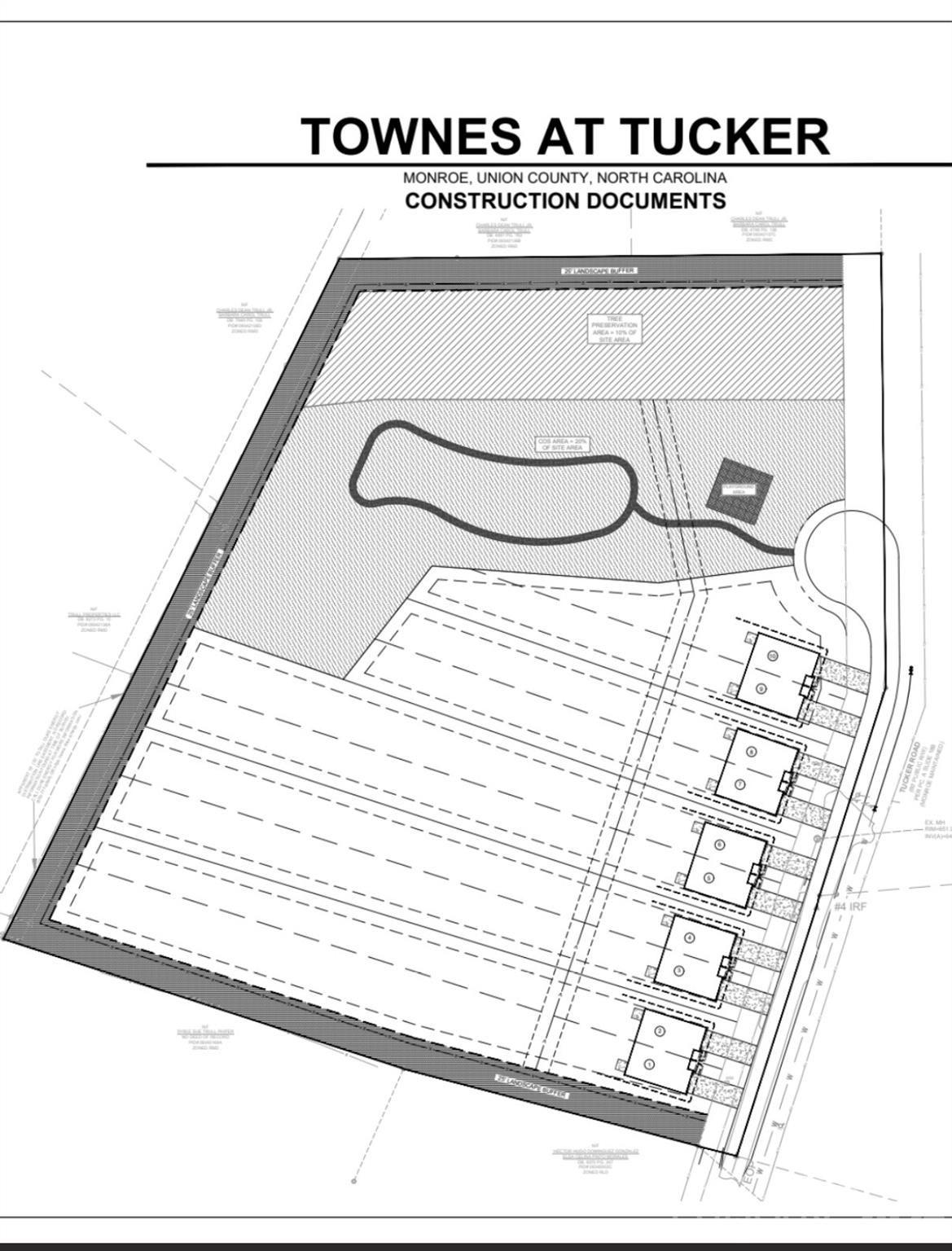 Townes at Tucker site plan showing five home lots, a shared drive, and landscaped areas.
