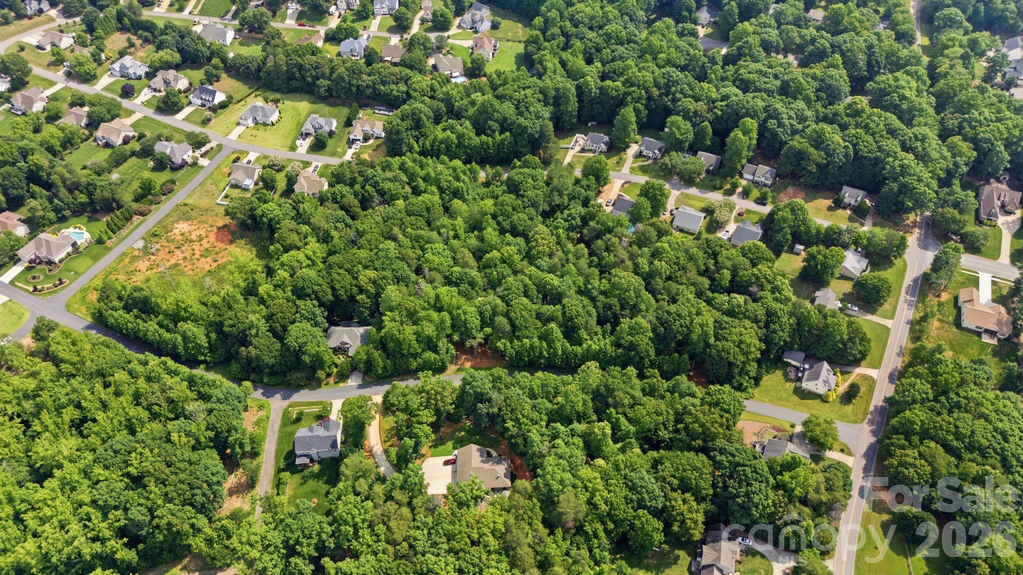 Aerial view of a wooded tract surrounded by homes and suburban streets.