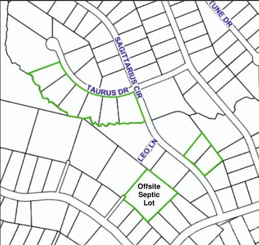 Map showing green-outlined lots along Taurus Drive and an offsite septic lot.