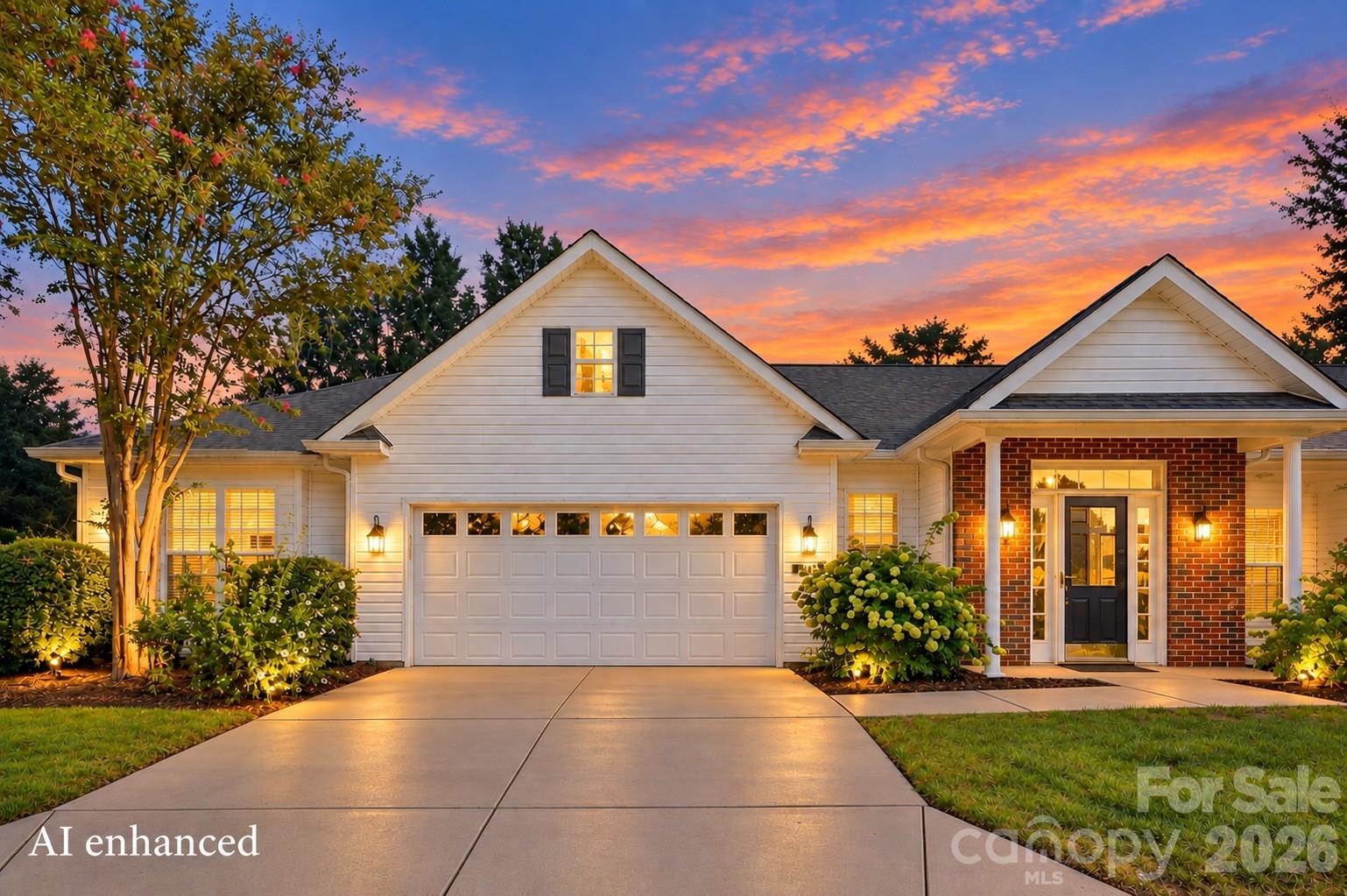 White-and-brick home with a two-car garage glowing beneath a vivid sunset sky.