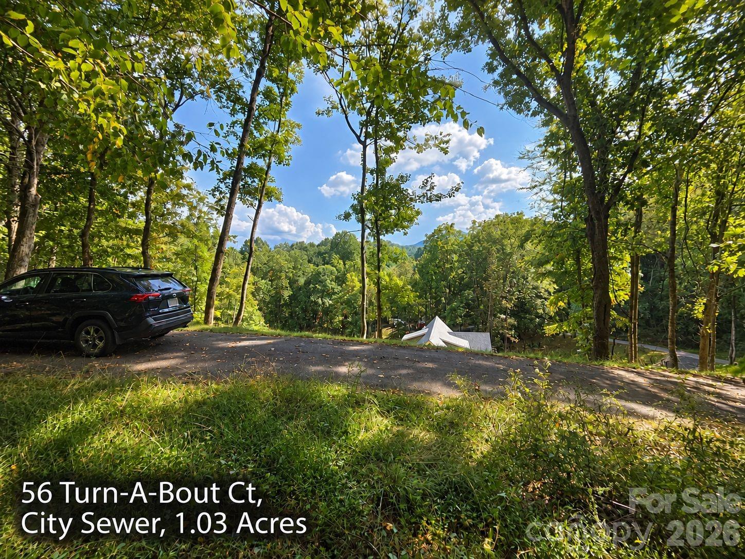 Wooded vacant lot with a paved drive, parked SUV, and distant hills.