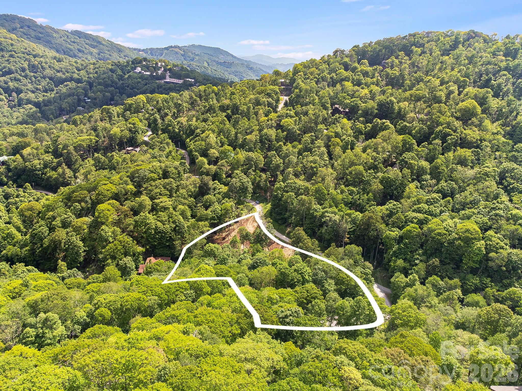 Aerial view of a wooded parcel outlined in white, with mountain ridges in the distance.