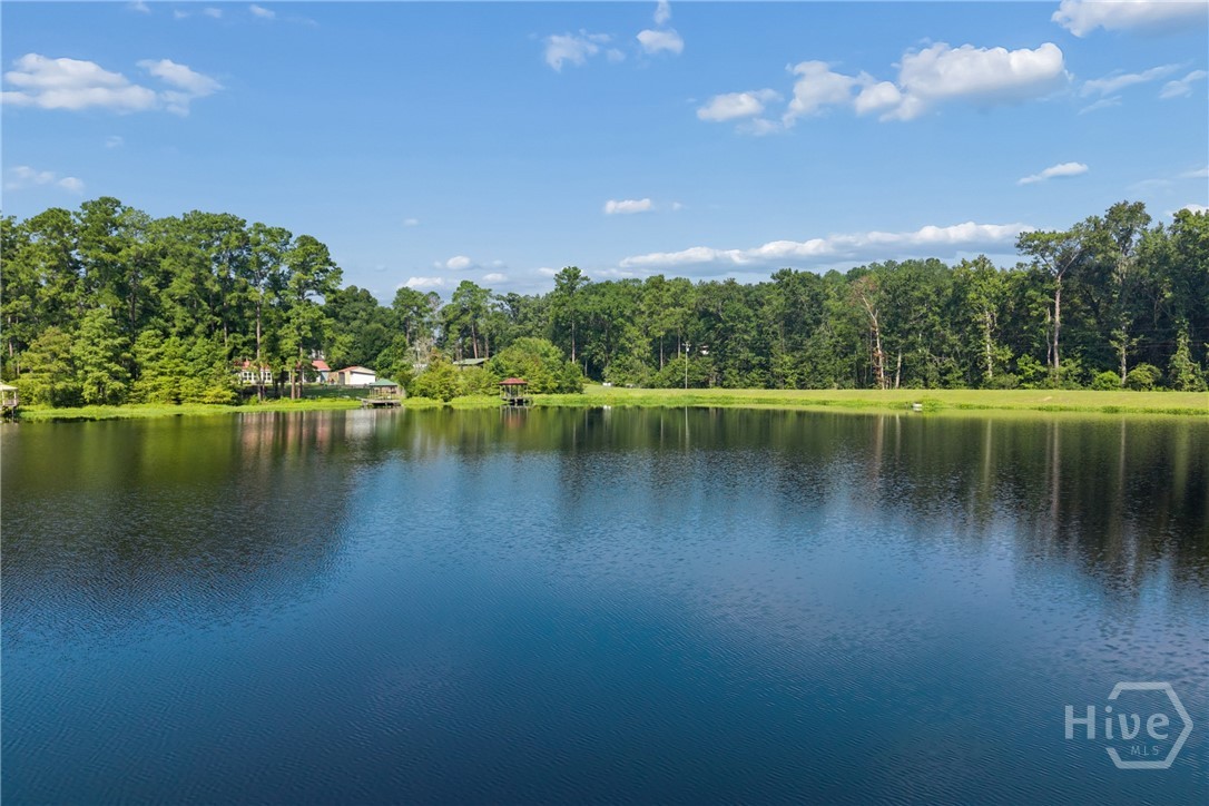 Lake view with a wooded shoreline, distant homes, and small docks.