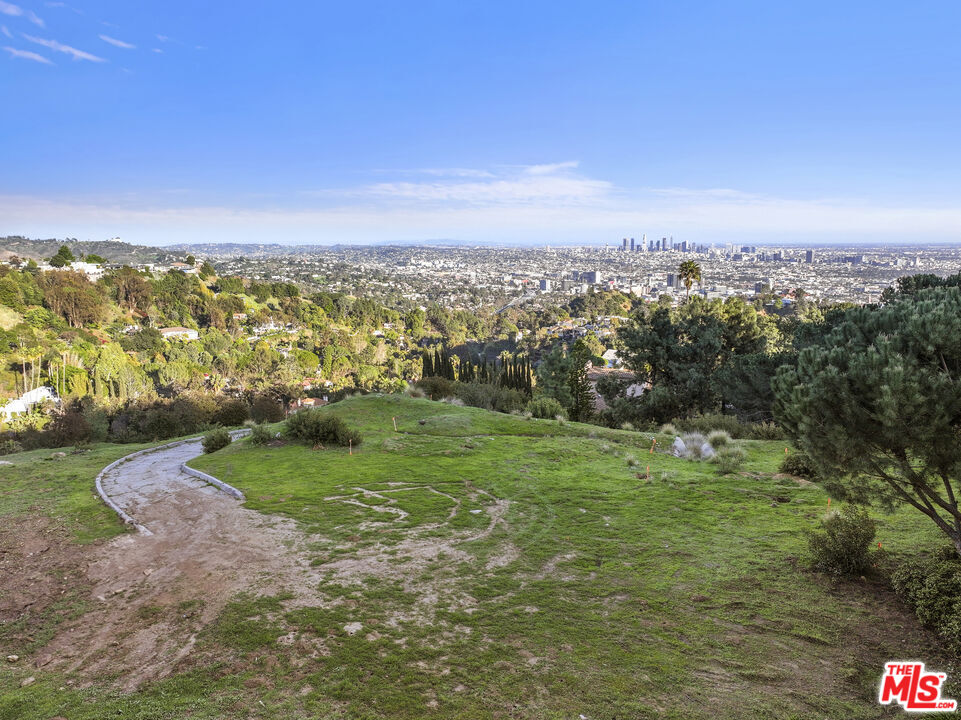 Grassy hillside lot overlooking Los Angeles, with downtown visible in the distance.