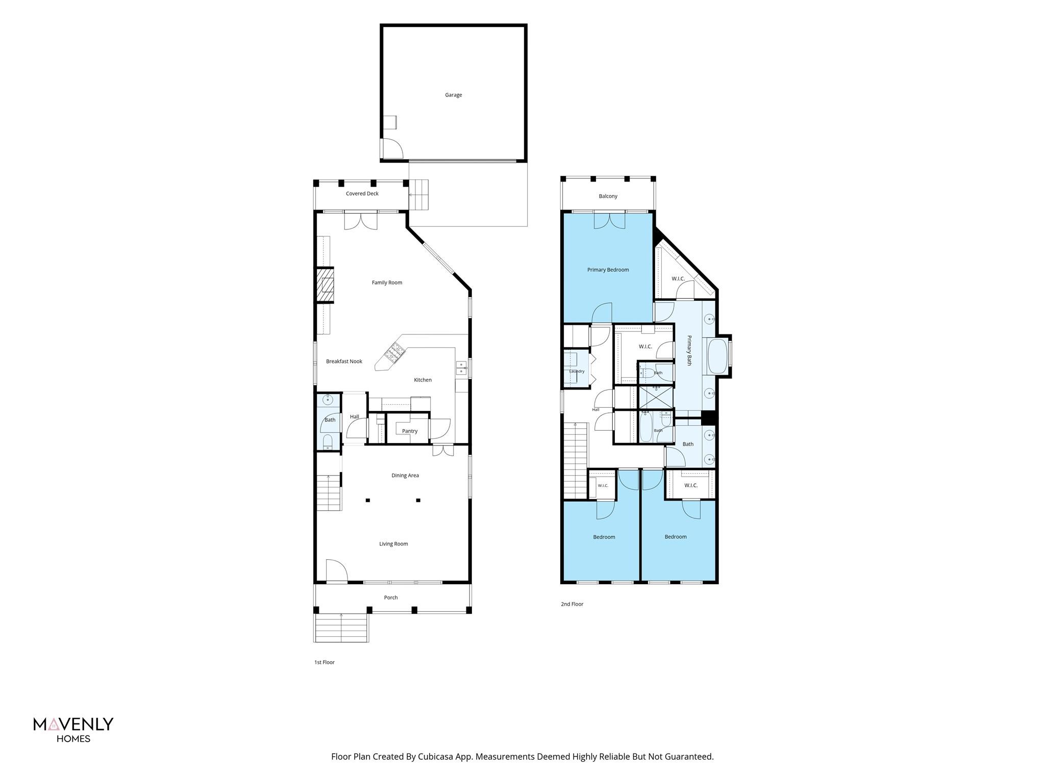 Two-story floor plan showing room layouts, garage, covered deck, balcony, and porch.