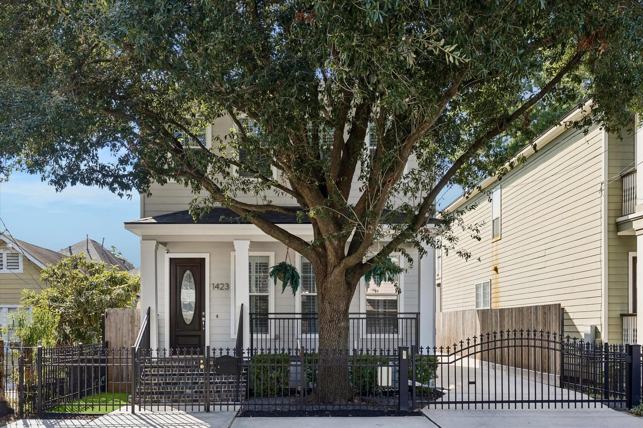 Light-colored house with a dark front door, shaded by a large tree behind a black iron fence.