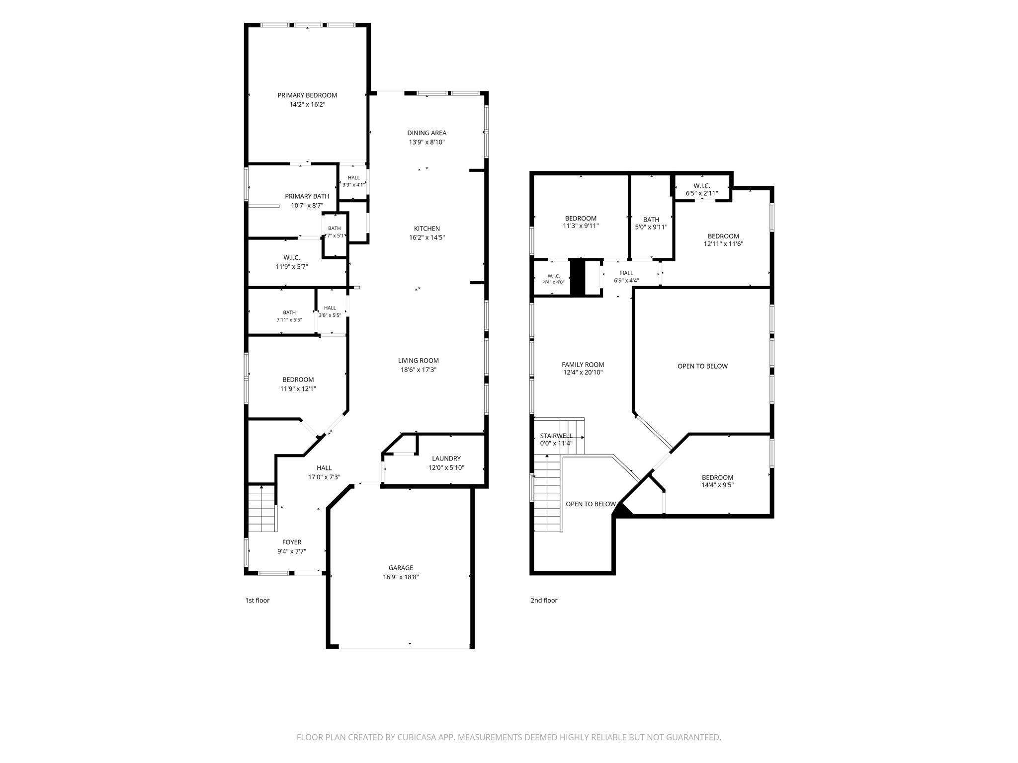 Two-story home floor plan with labeled rooms, dimensions, garage, and open-to-below areas.