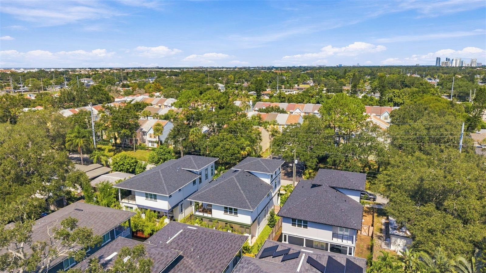 Aerial view of modern homes among tree-lined streets, with a distant city skyline.