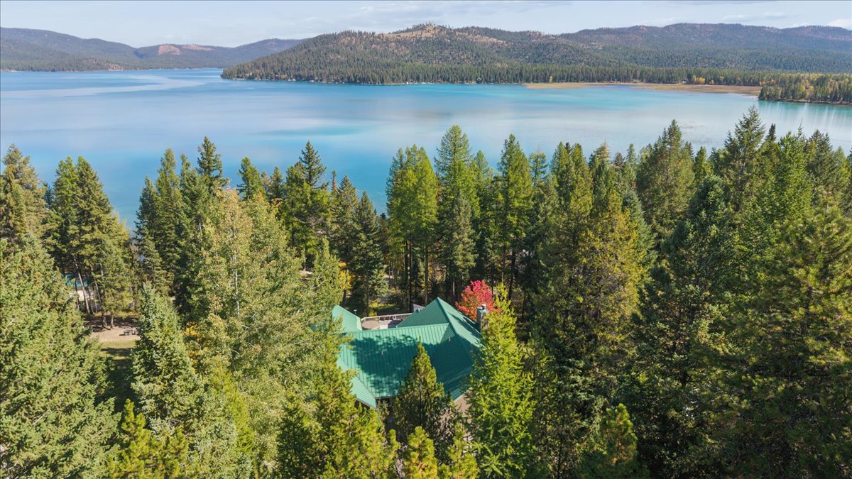 Aerial view of a forested lakeside property with a green-roofed home and mountain lake.