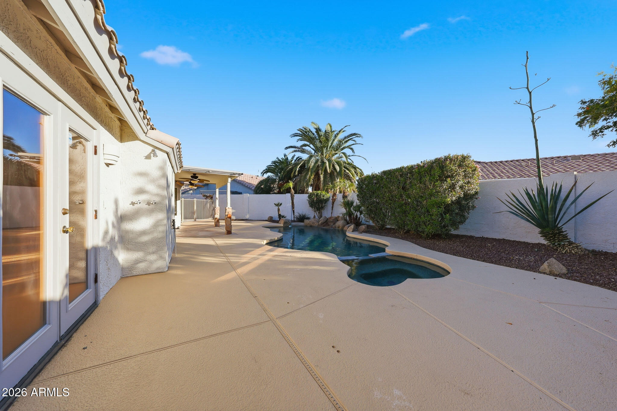 Curved backyard pool beside a broad concrete patio, palm trees, and desert landscaping.