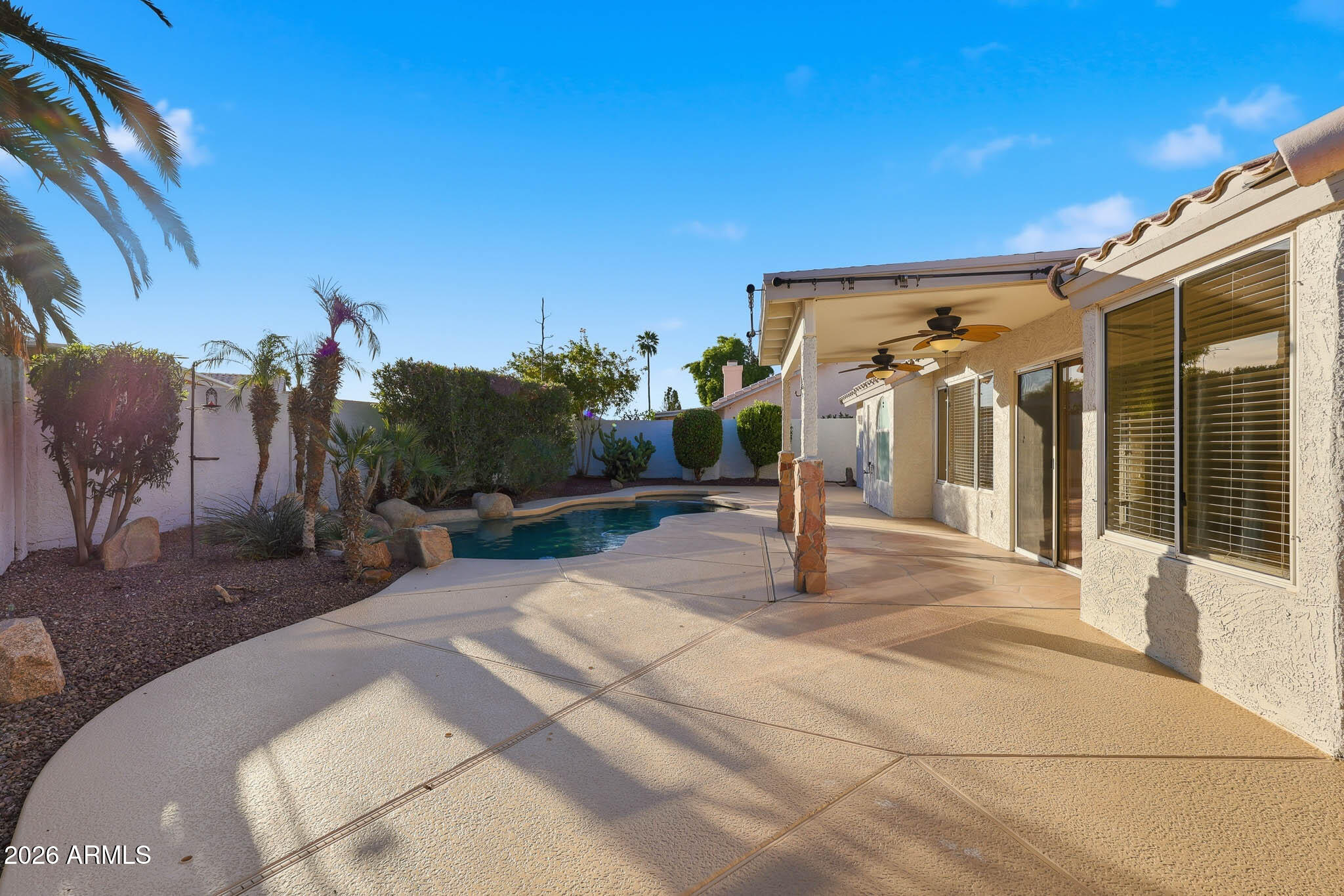 Backyard pool and expansive concrete patio beside a covered outdoor area with ceiling fans and palm landscaping.
