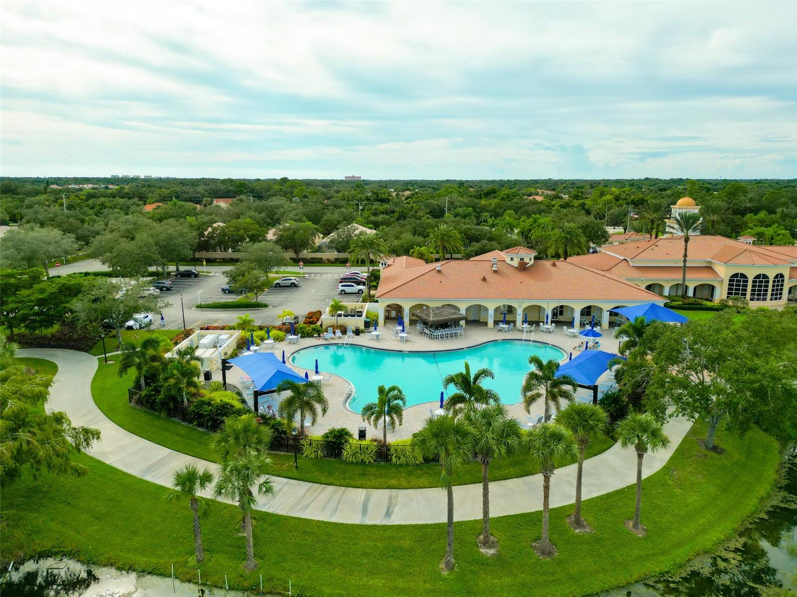 Aerial view of a community pool and clubhouse surrounded by palm trees and a curved walking path.