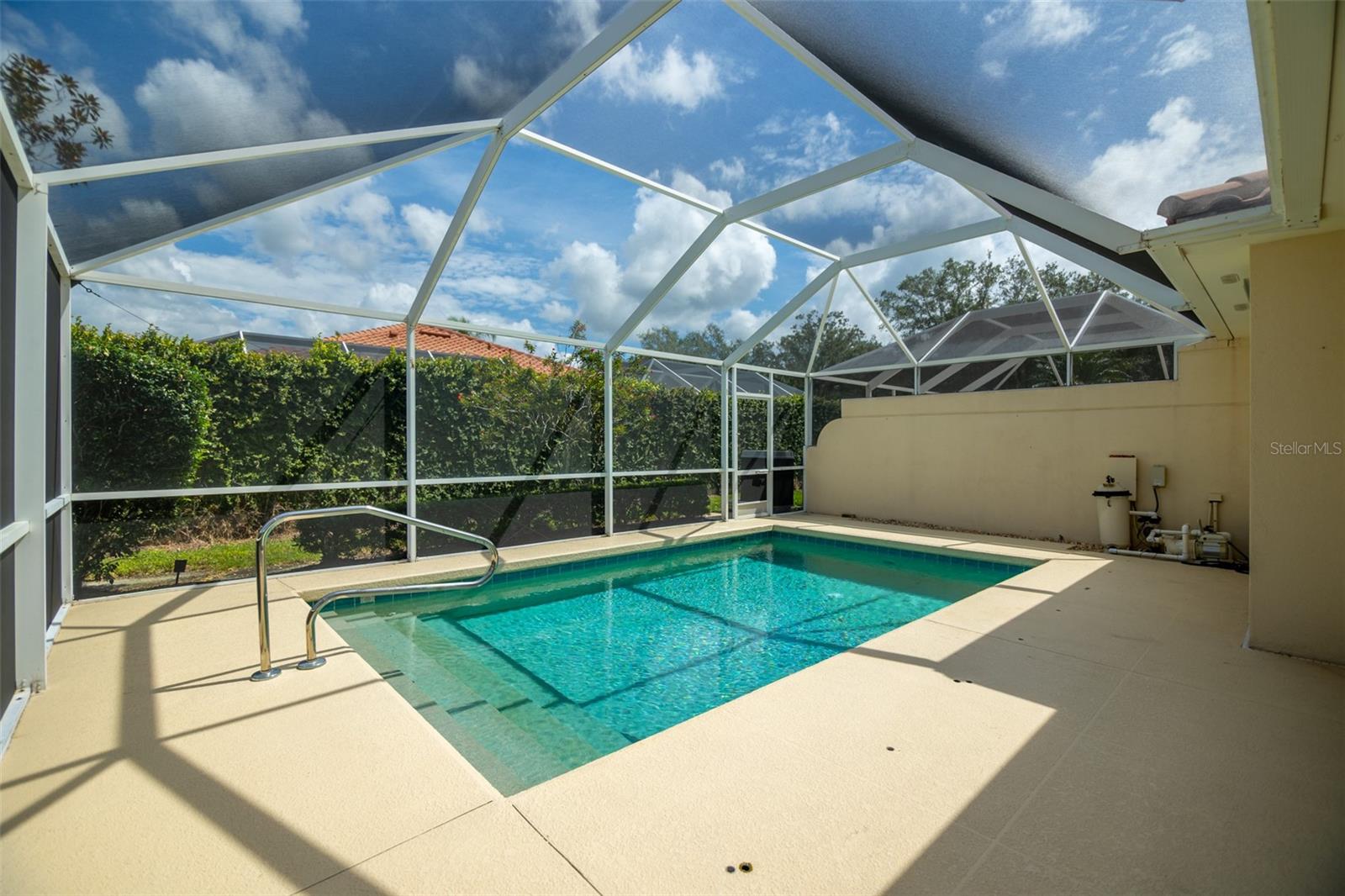 Swimming pool in a screened lanai, with a metal handrail and hedge beyond the enclosure.