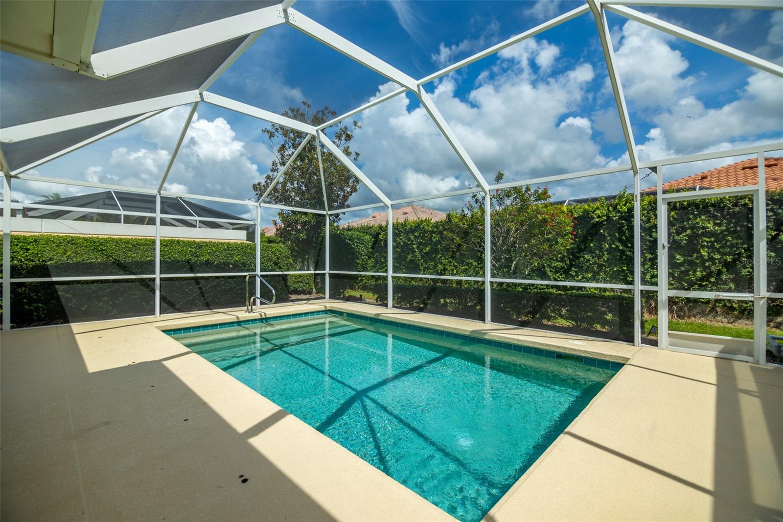 Screened swimming pool with a pale stone deck and hedges beyond the enclosure.