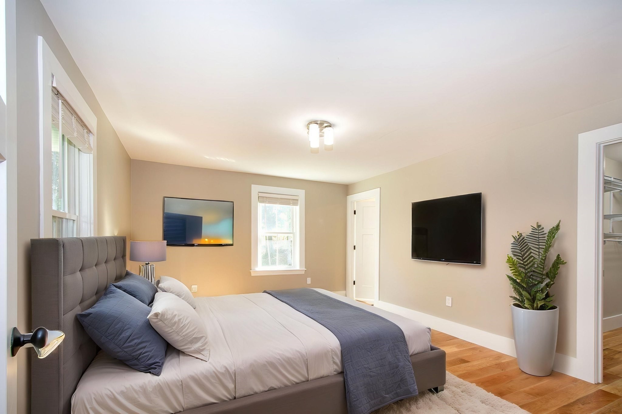 Staged bedroom with a large bed, two wall-mounted televisions, and a potted plant.