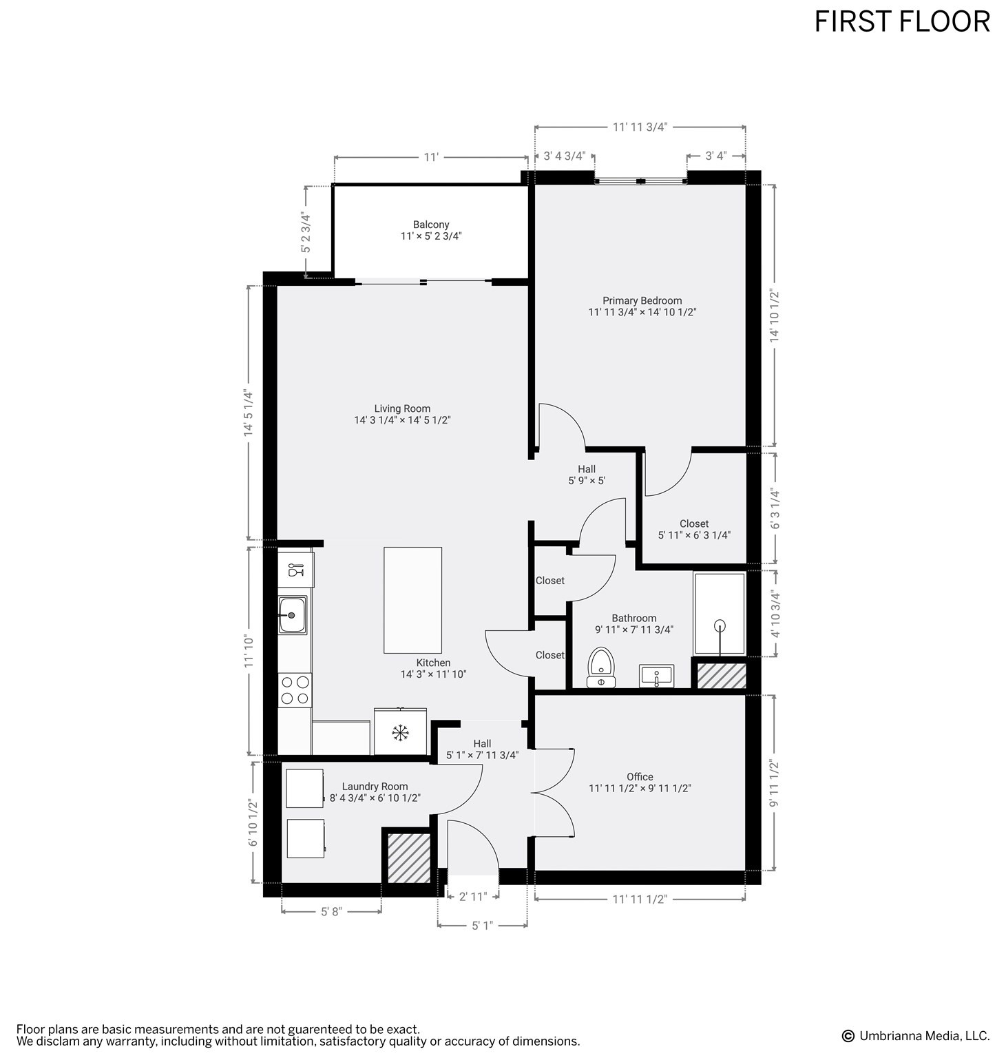 First-floor apartment plan with a balcony, open living and kitchen area, bedroom, office, bathroom, and laundry room.