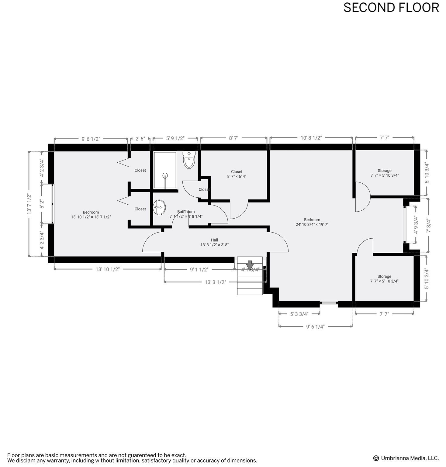 Second-floor plan with two bedrooms, a bathroom, hall, closets, and storage areas.