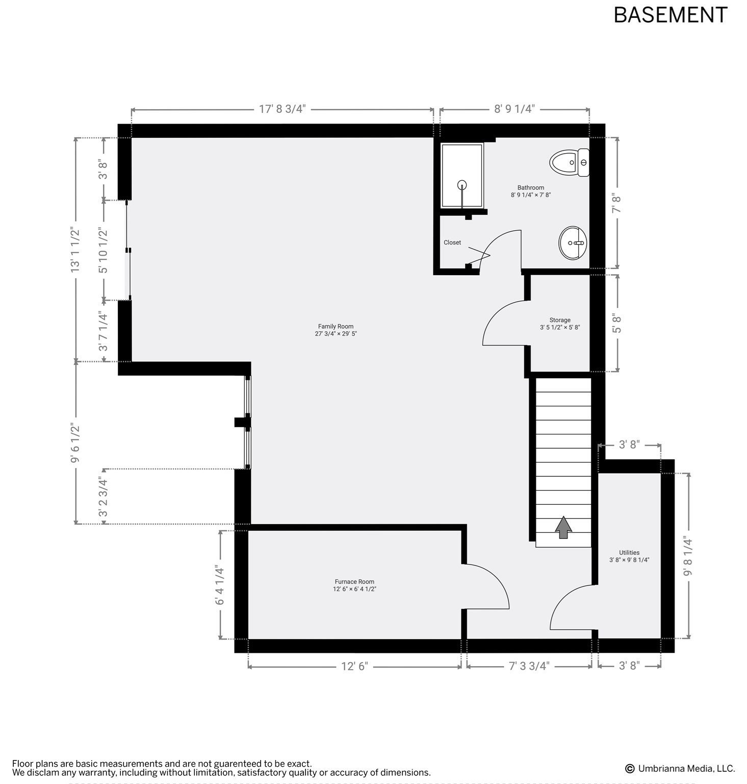 Basement floor plan with a large family room, bathroom, storage, furnace room, utilities, and measurements.
