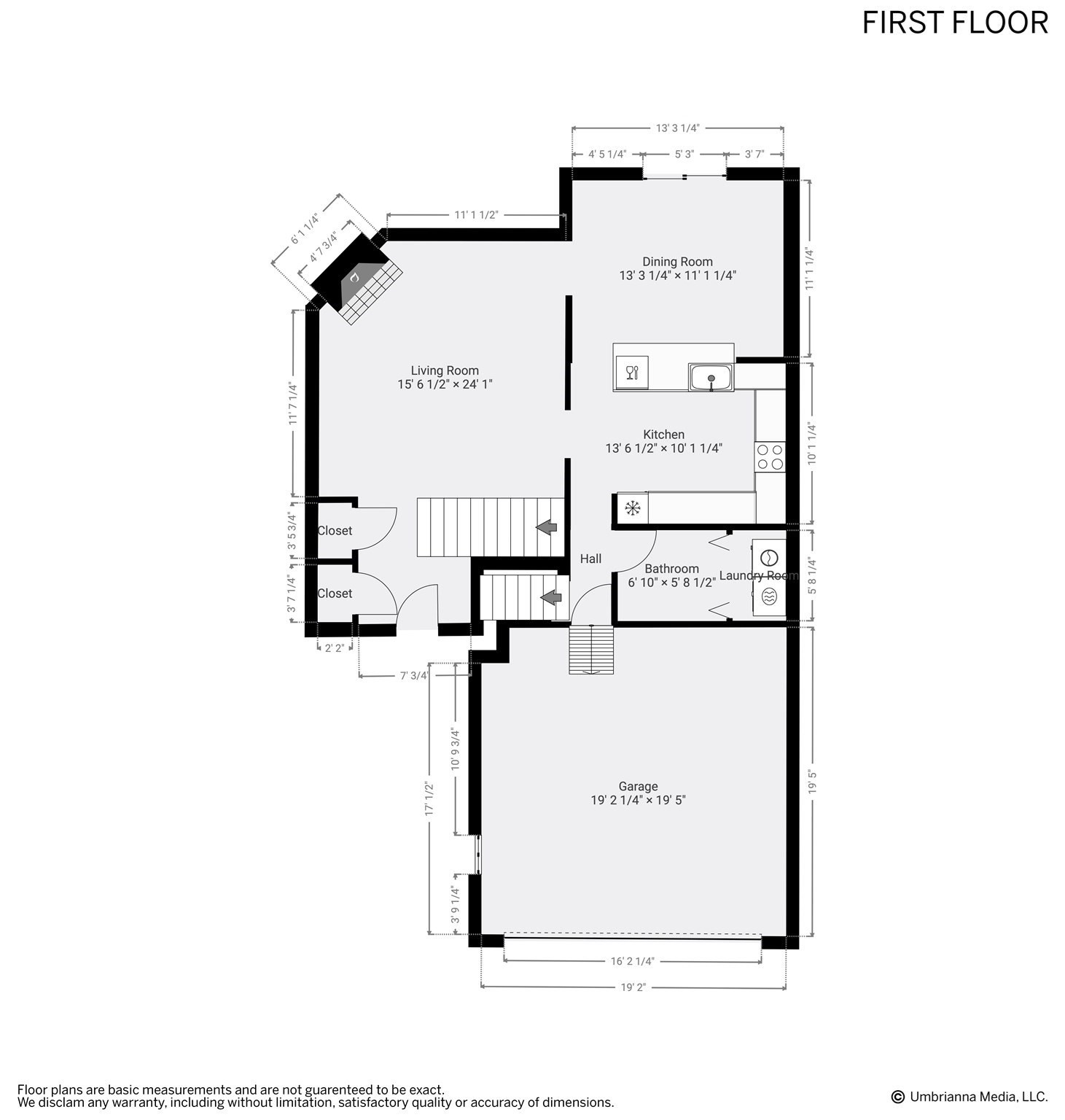First-floor plan showing living and dining rooms, kitchen, bathroom, laundry room, closets, and garage.