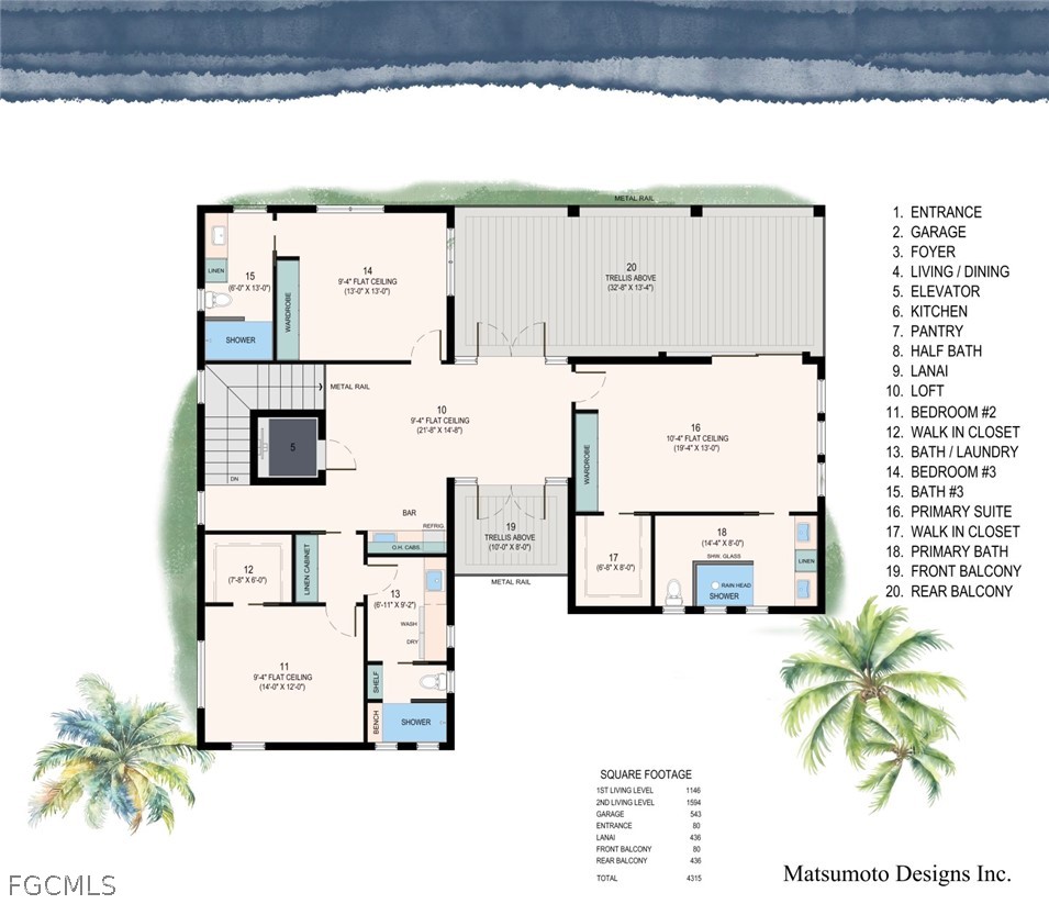 Two-level home floor plan with labeled rooms, garage, lanai, and front and rear balconies.