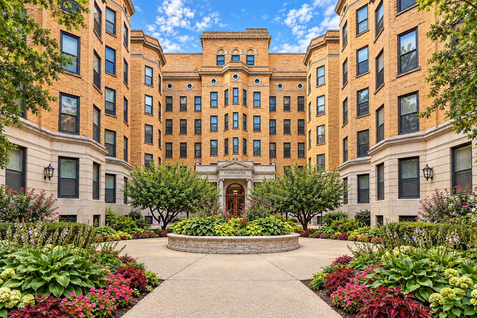 Brick apartment building with a landscaped courtyard, circular planter, and central entrance labeled Commodore.