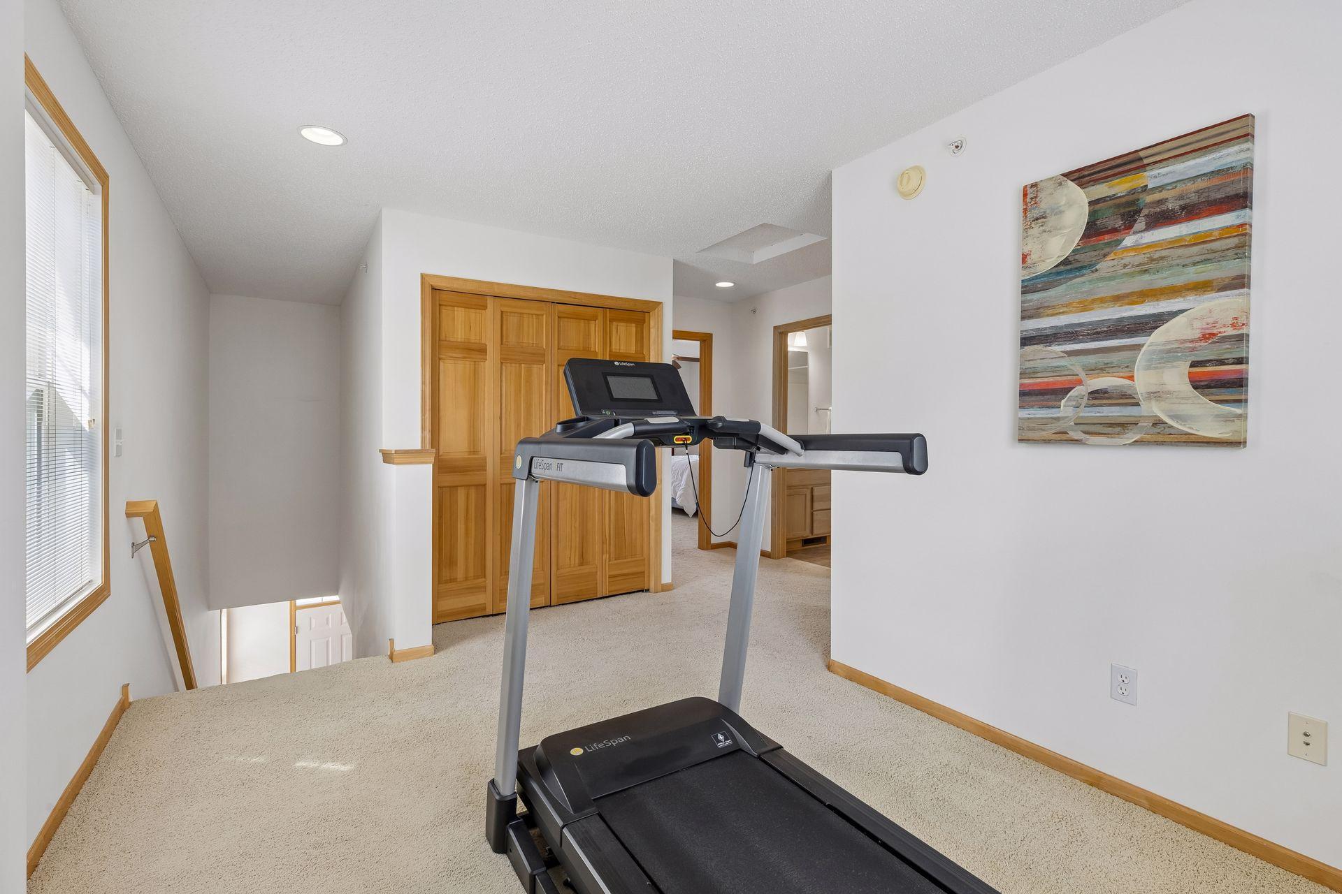 Upstairs exercise area with a LifeSpan treadmill, wood-trimmed closet doors, and abstract wall art.