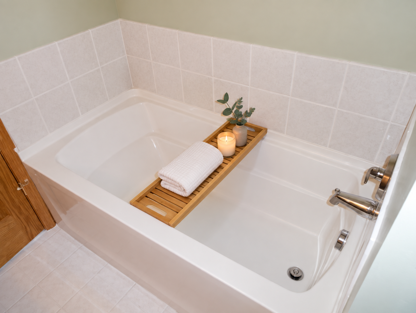 White bathtub with chrome fixtures and a wooden caddy holding towels, a candle, and greenery.