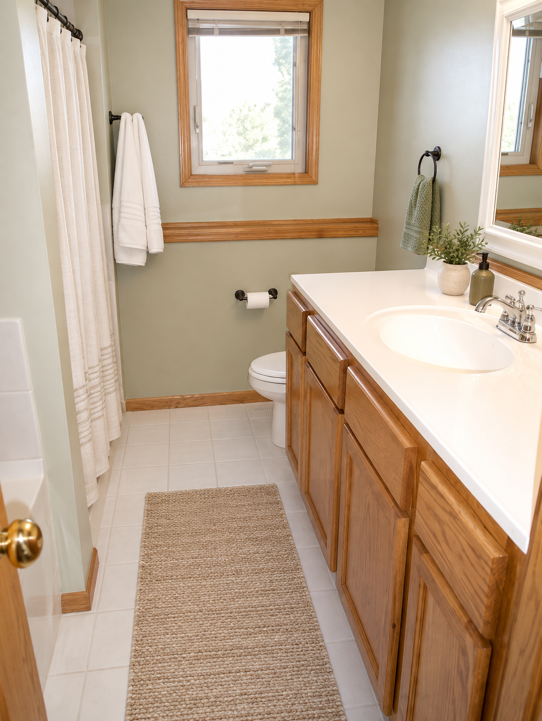 Bathroom with a wood vanity, white sink, tiled floor, and window.