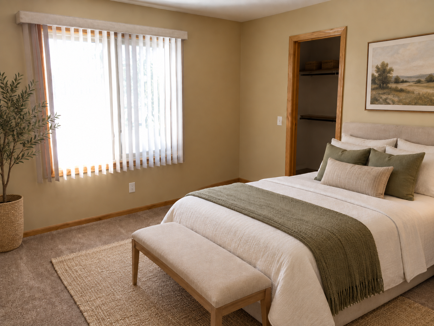 Staged bedroom with a white bed, olive-green throw, foot bench, and open walk-in closet.