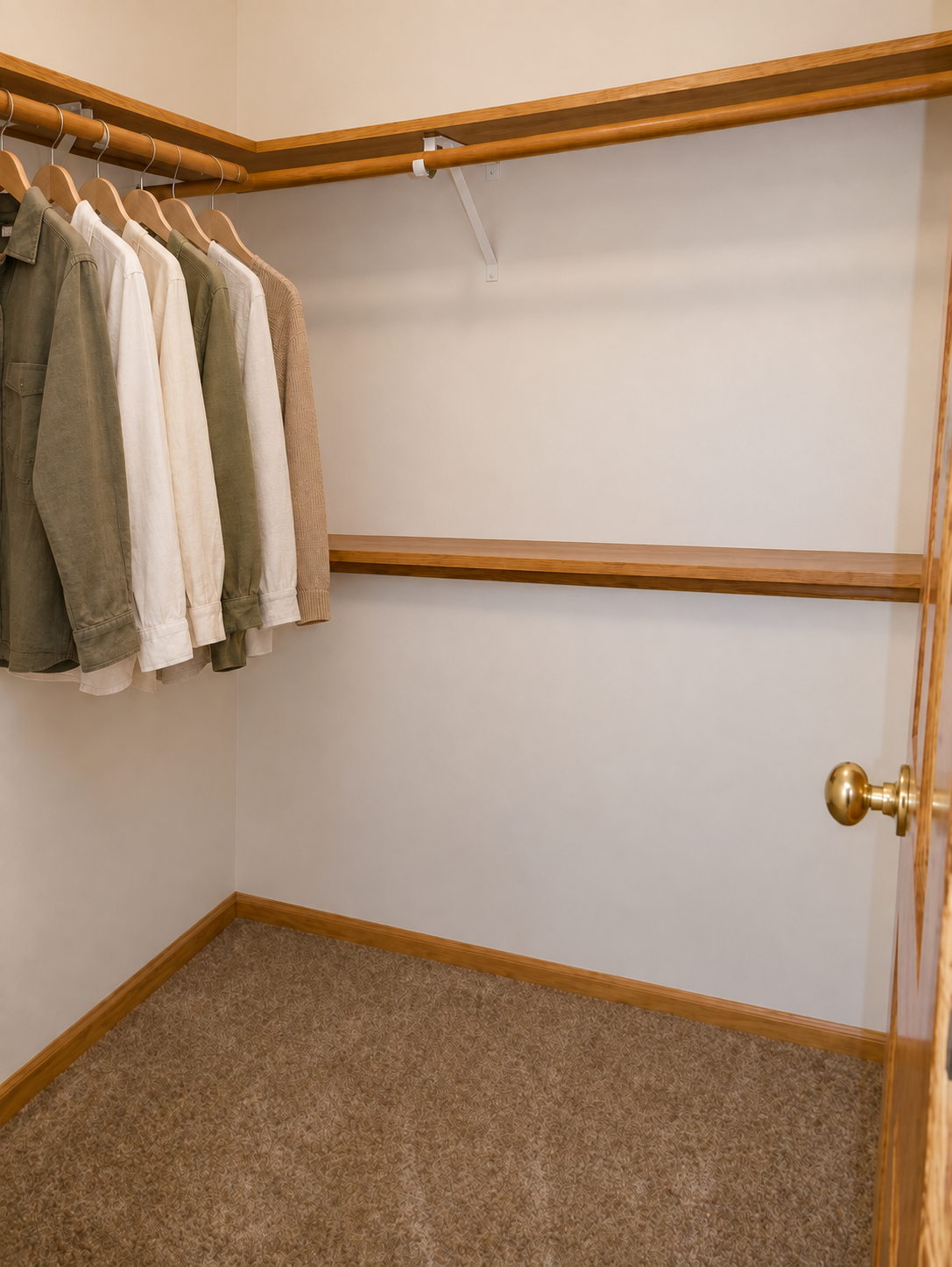 Walk-in closet with wood shelving, hanging clothes, and patterned carpet.