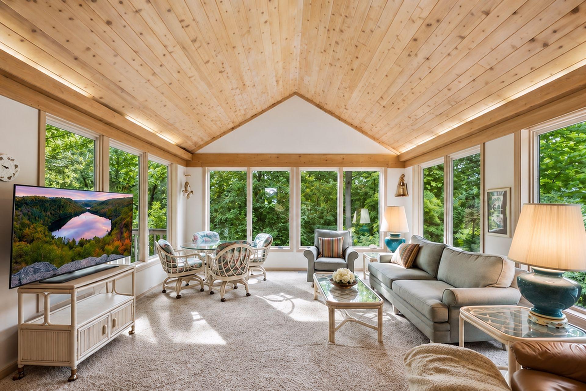 Living room with a vaulted wood ceiling, expansive windows, and neutral seating.