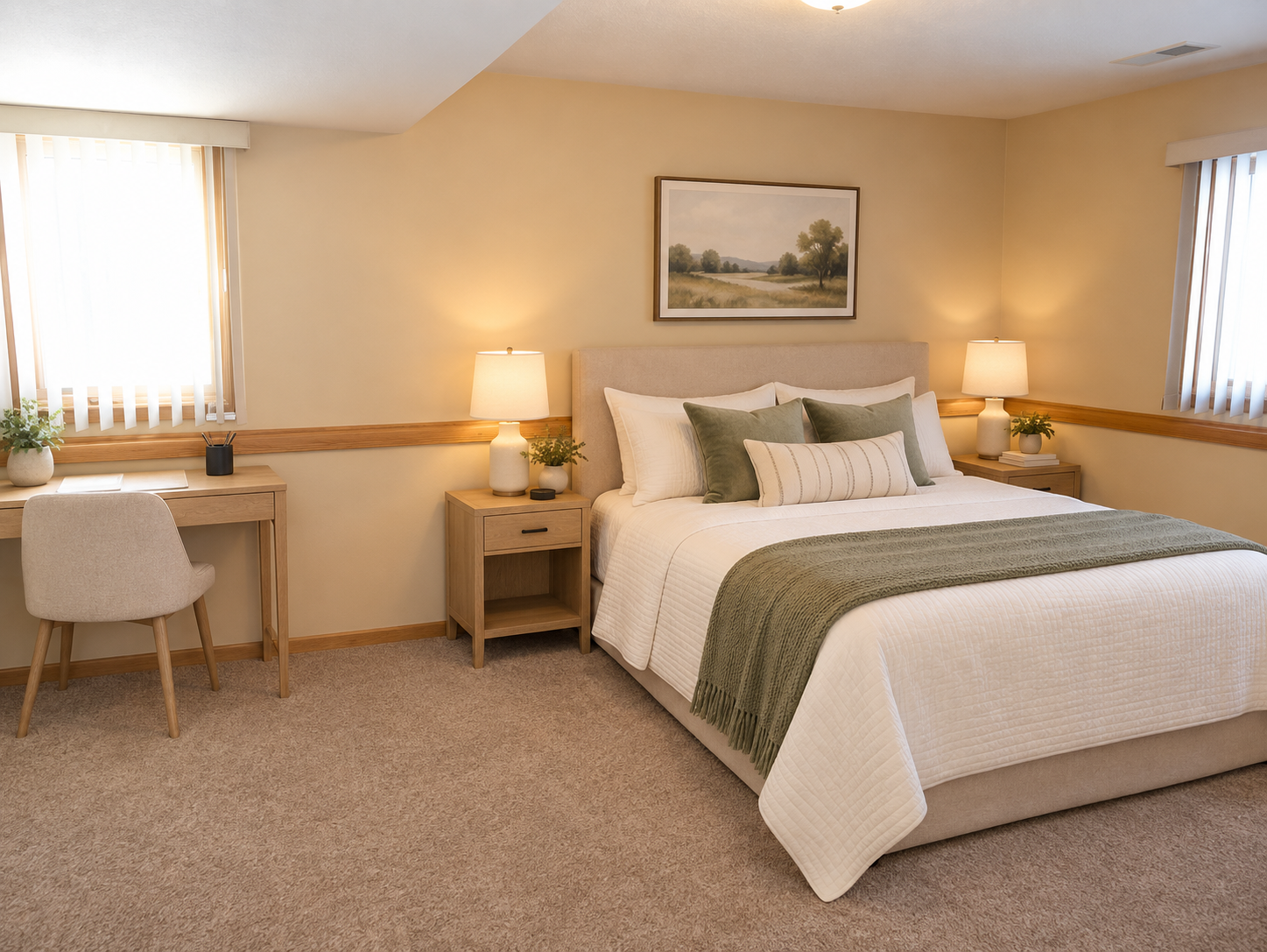 Bedroom with a white bed, sage green throw, matching lamps, and a desk beside the window.