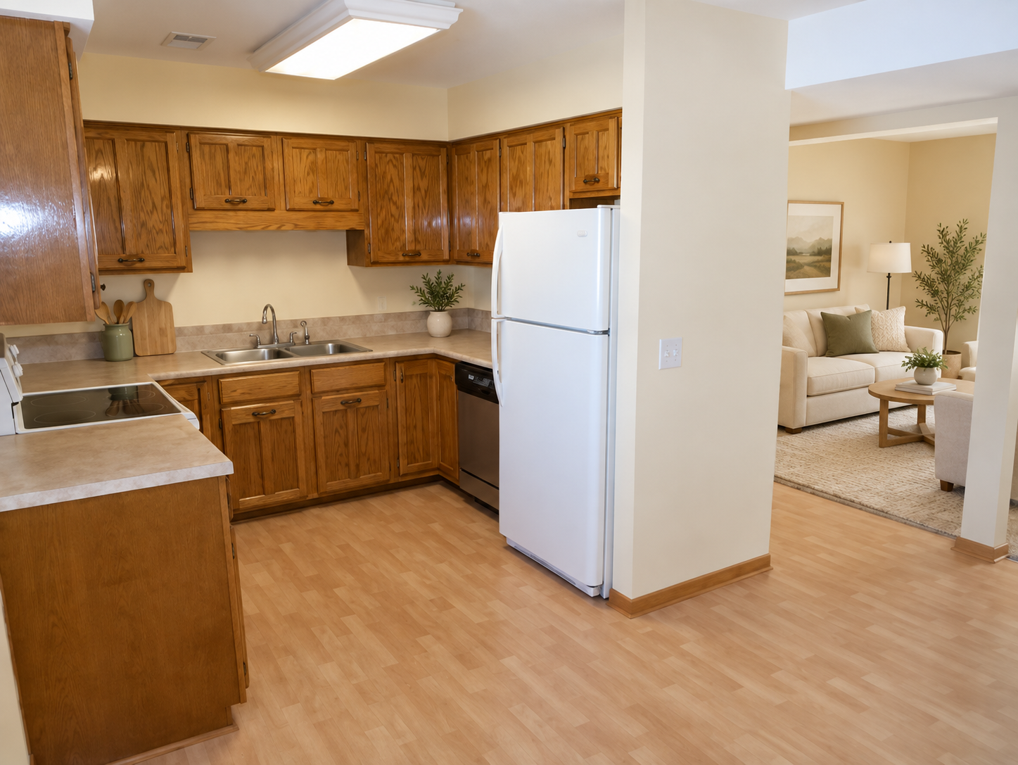 Kitchen with wood cabinets and white refrigerator, opening to a furnished living room.