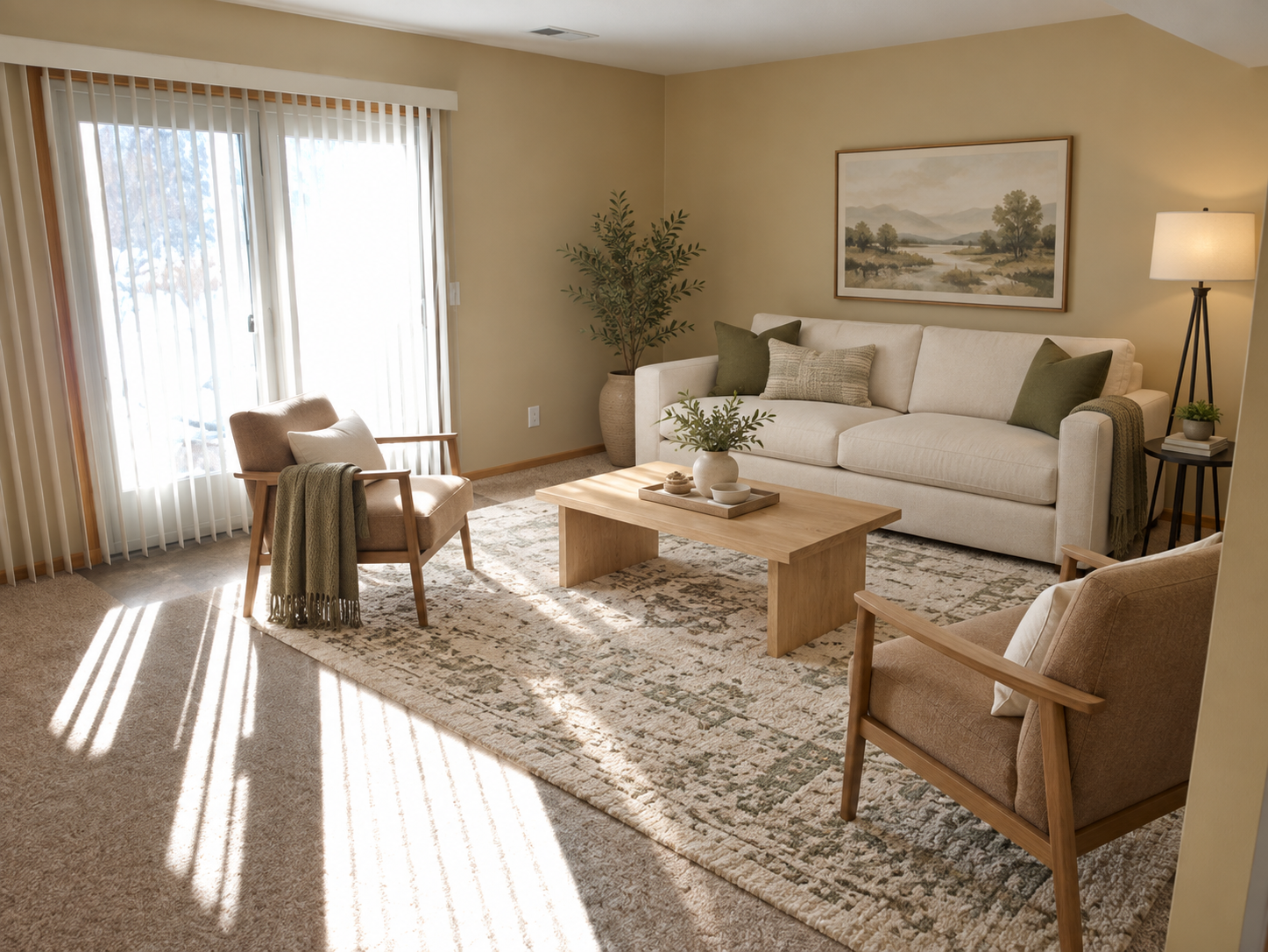 Staged living room with a cream sofa, wood-framed armchairs, and sunlight streaming through sliding glass doors.